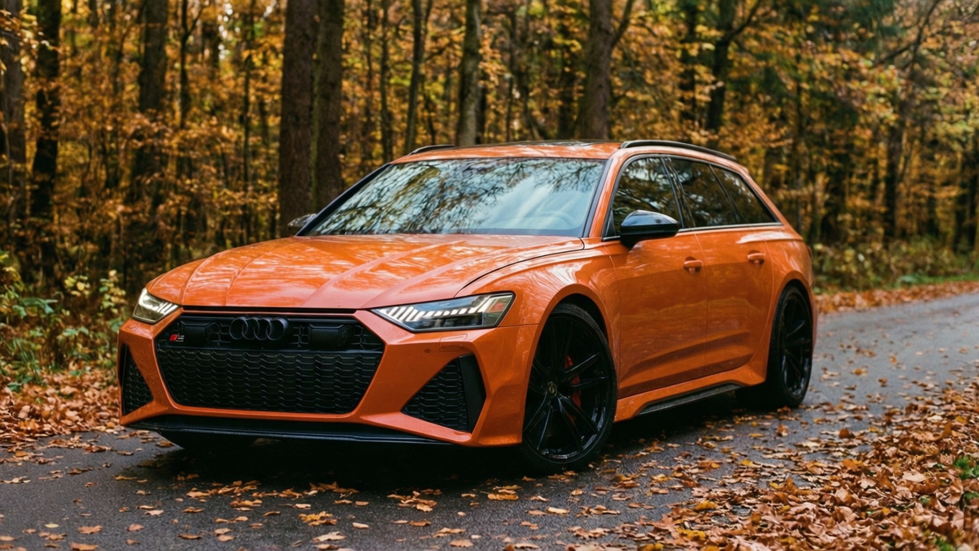 Un Audi RS6 Avant portocaliu pe un drum de pădure toamna, cu frunze care cad. imagine de fundal