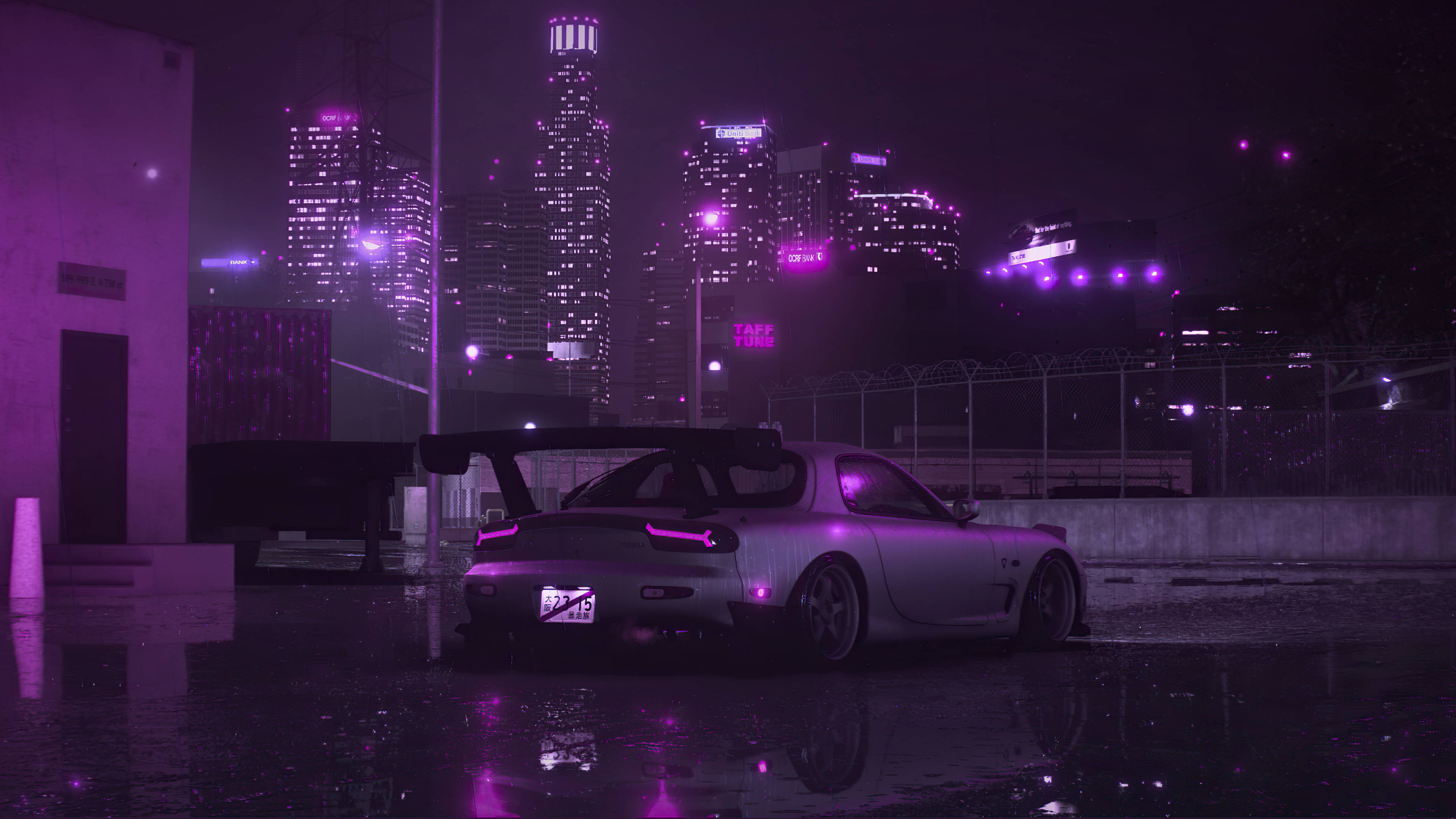 RX7 Argintiu și Oraș Violet Fundal