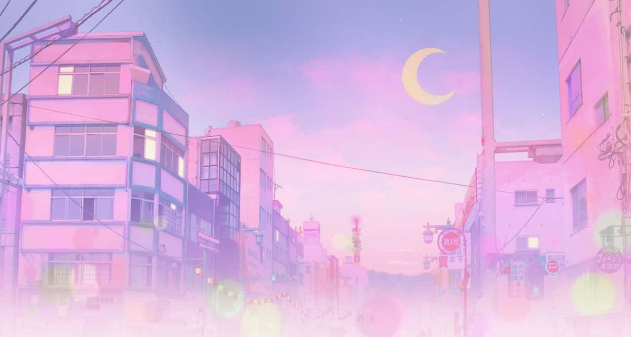 Sailor Moon Nocturnă Pastel în Oraș Anime Fundal