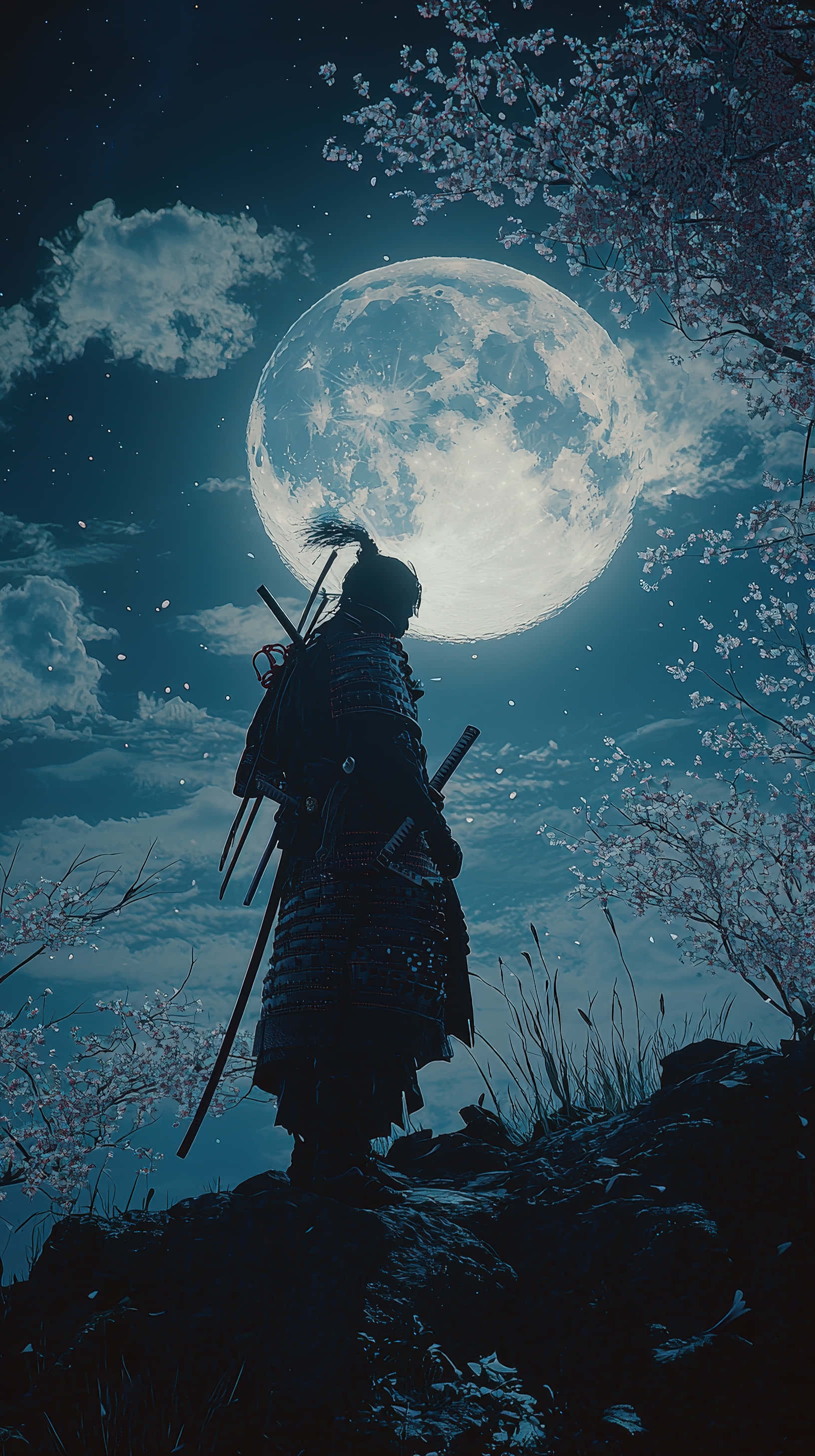 Samurai în picioare sub luna plină cu flori de cireș Fundal