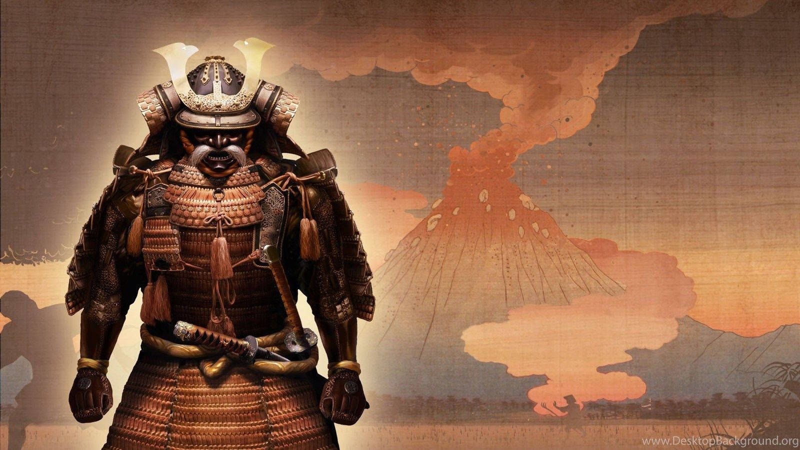 Samurai japonez și vulcan Fundal