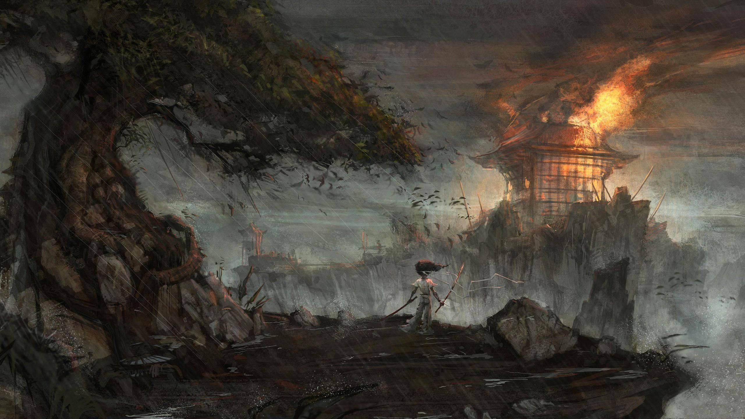 Samurai japonez în mijlocul distrugerii Fundal