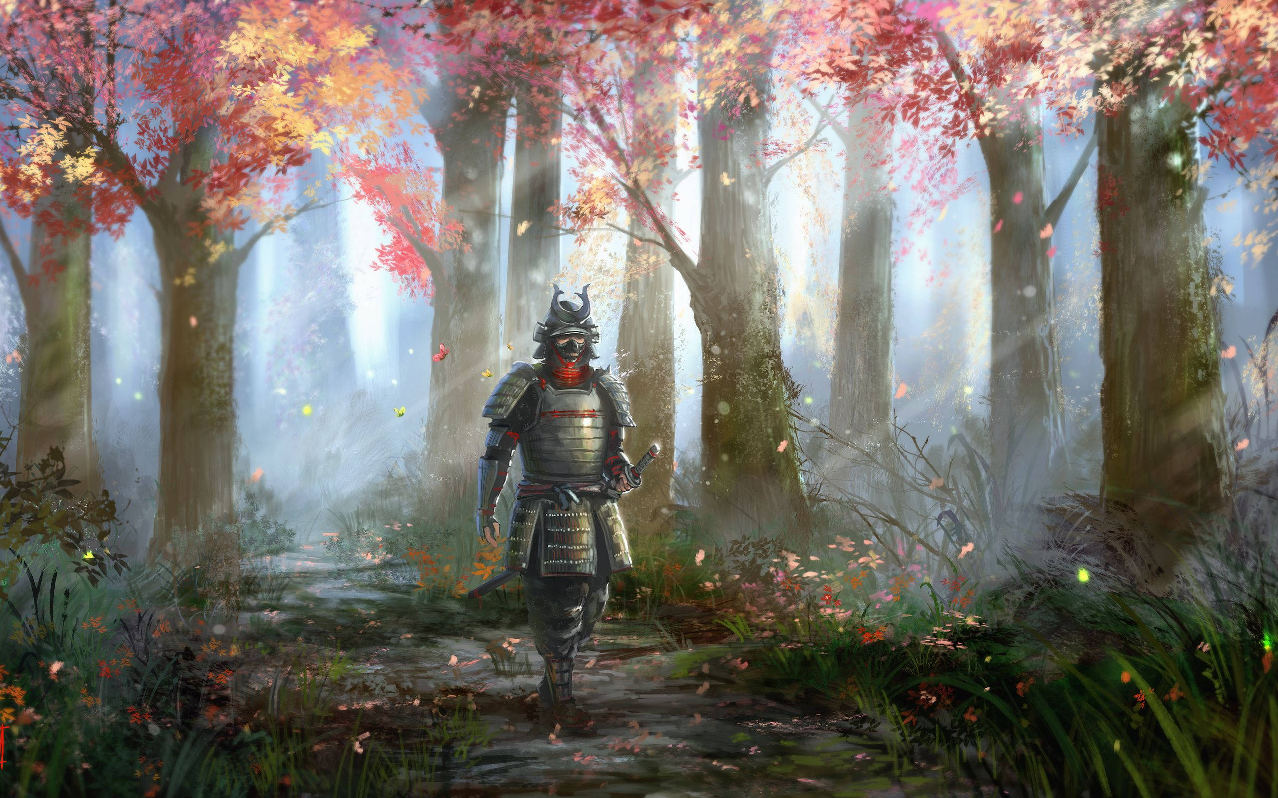 Samurai japonez într-o plimbare liniștită Fundal
