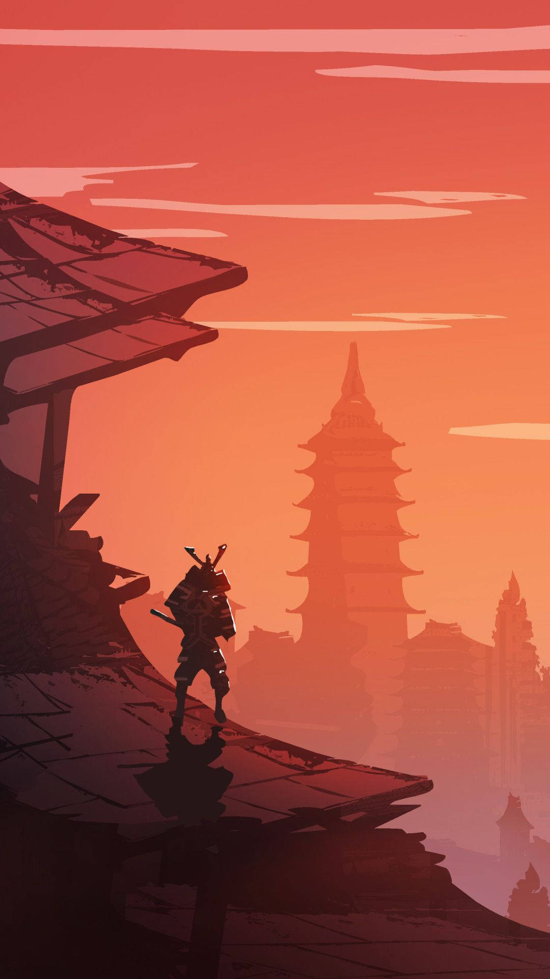 Samurai japonez la apus pe templu Fundal