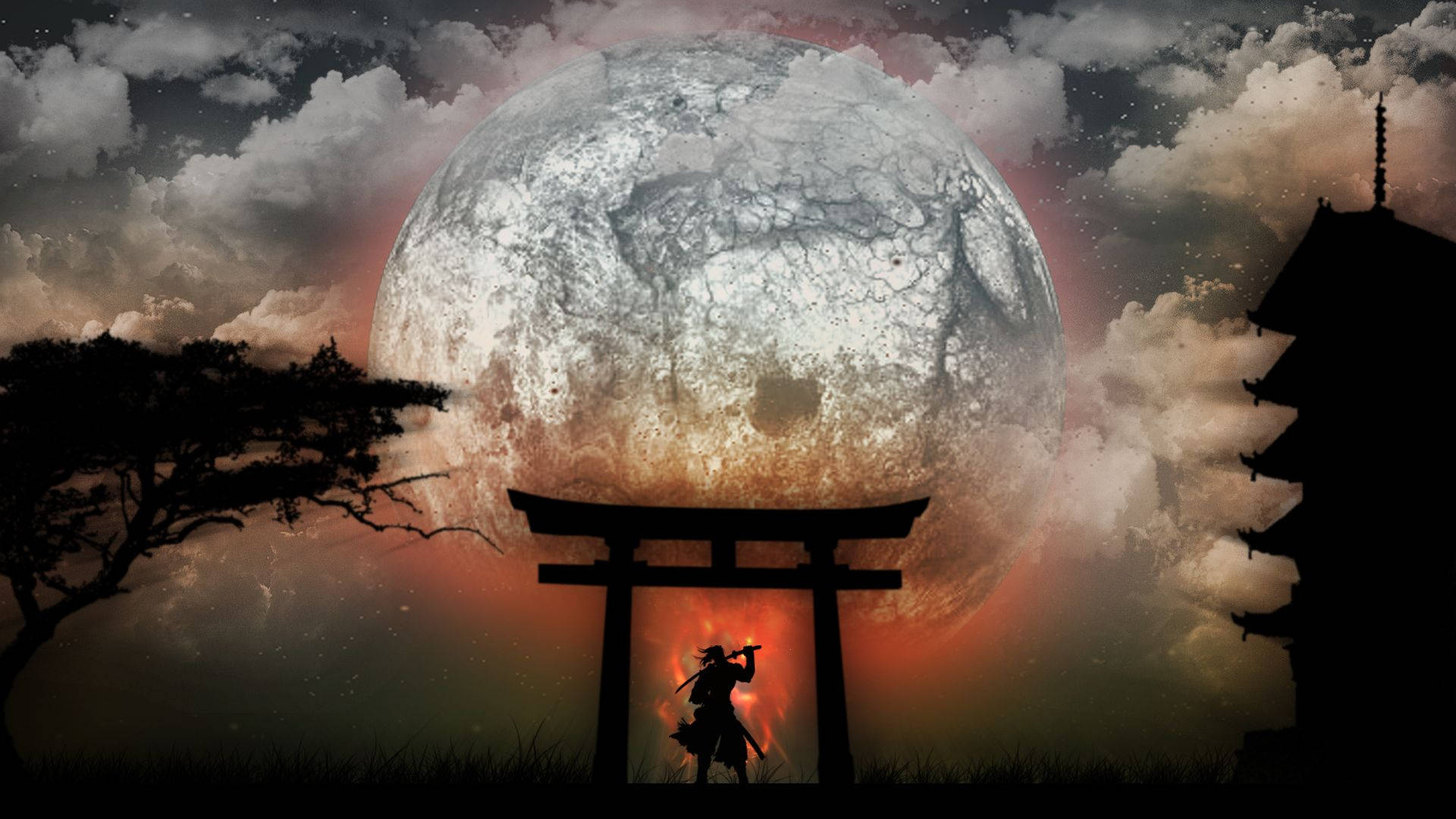 Samurai japonez la poarta torii sub lună Fundal