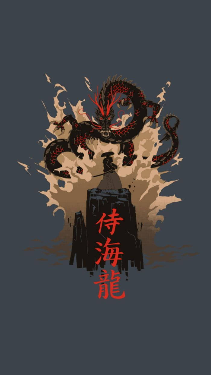 Samurai japonez pe stâncă cu dragon Fundal