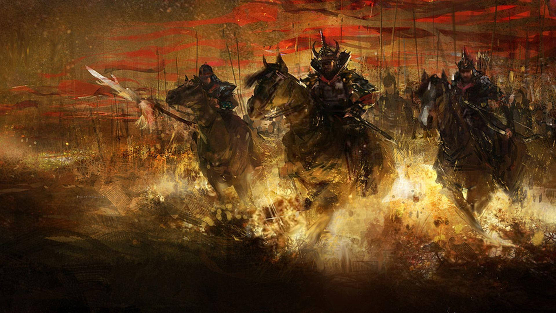 Samurai japonezi, flăcări și cai Fundal