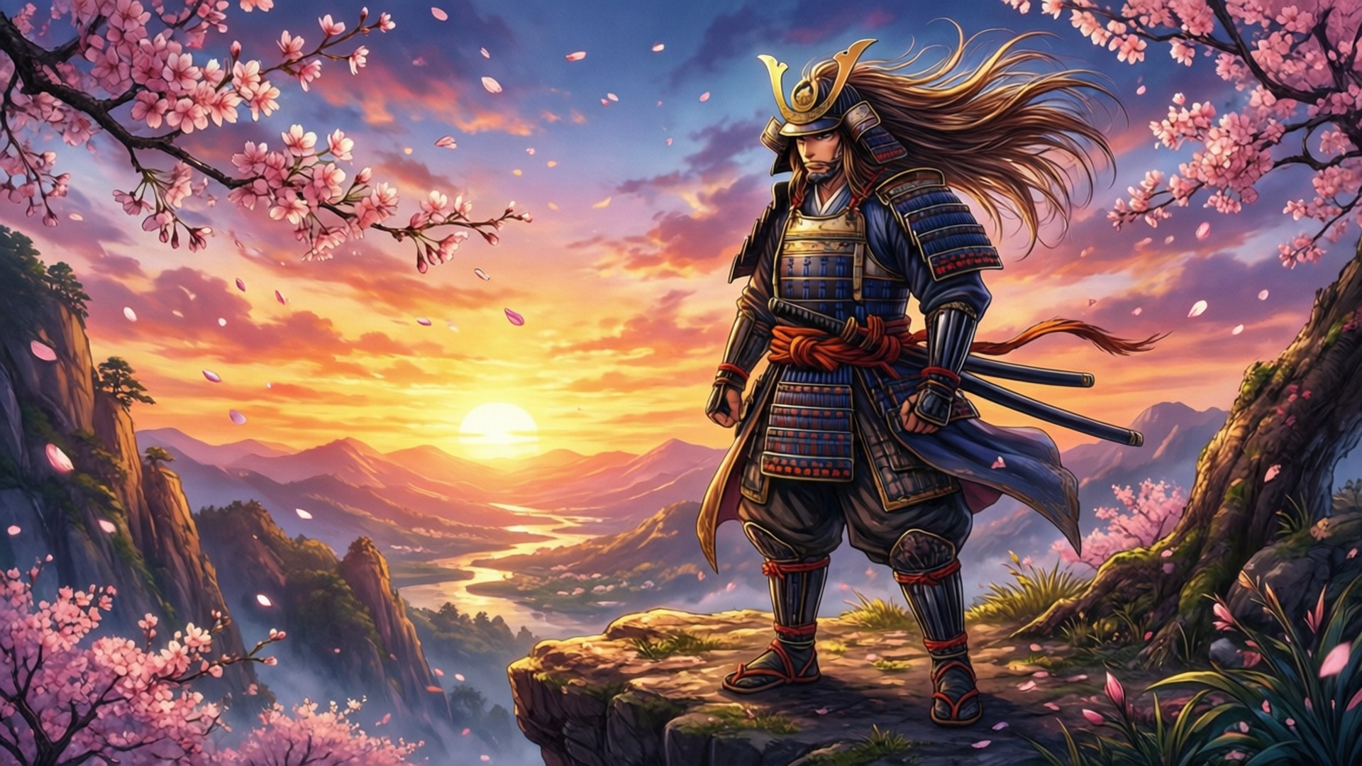 Samurai la Apus în Stil Manga Fundal