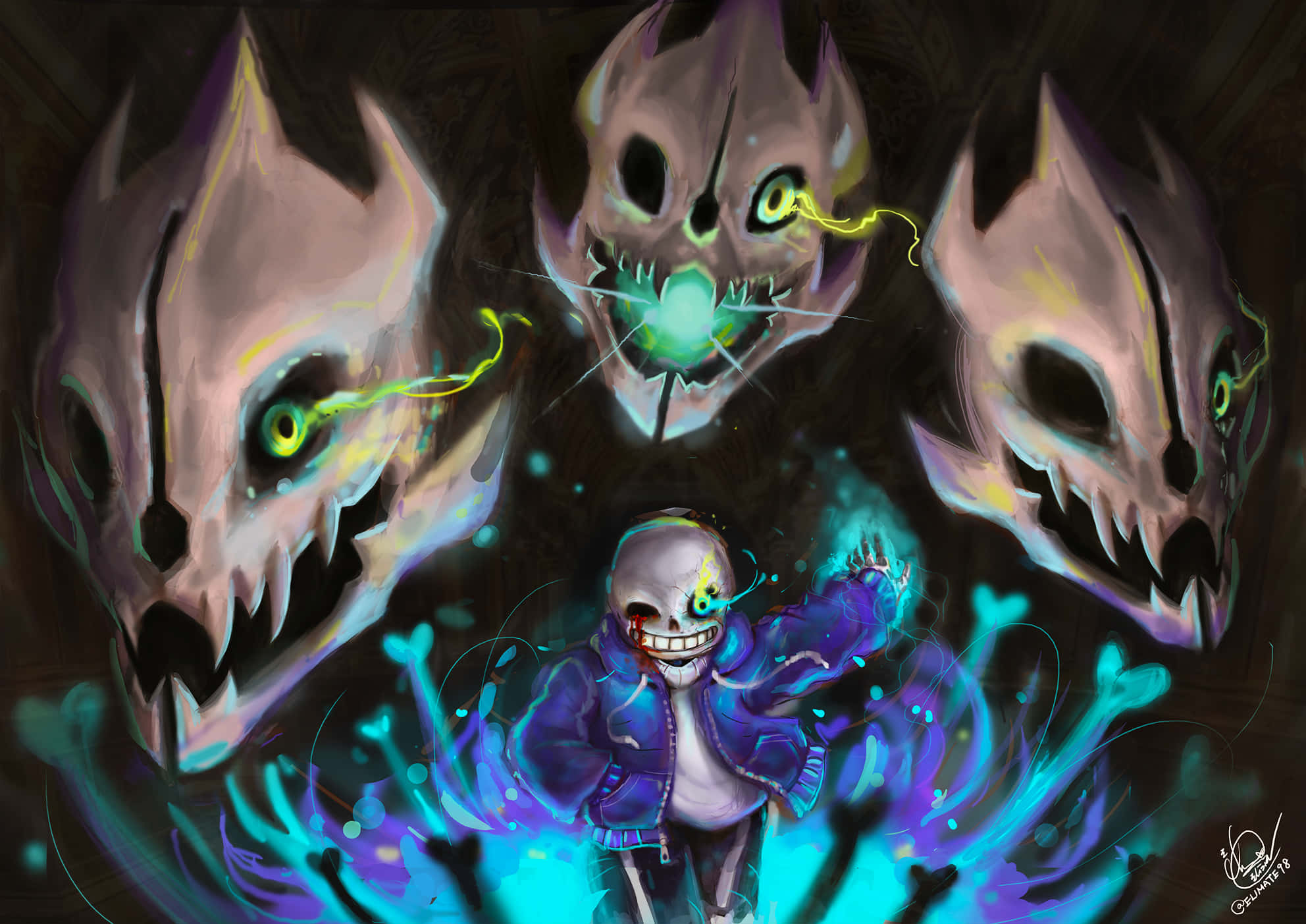 Sans din jocul indie RPG Undertale zâmbește malefic. Fundal