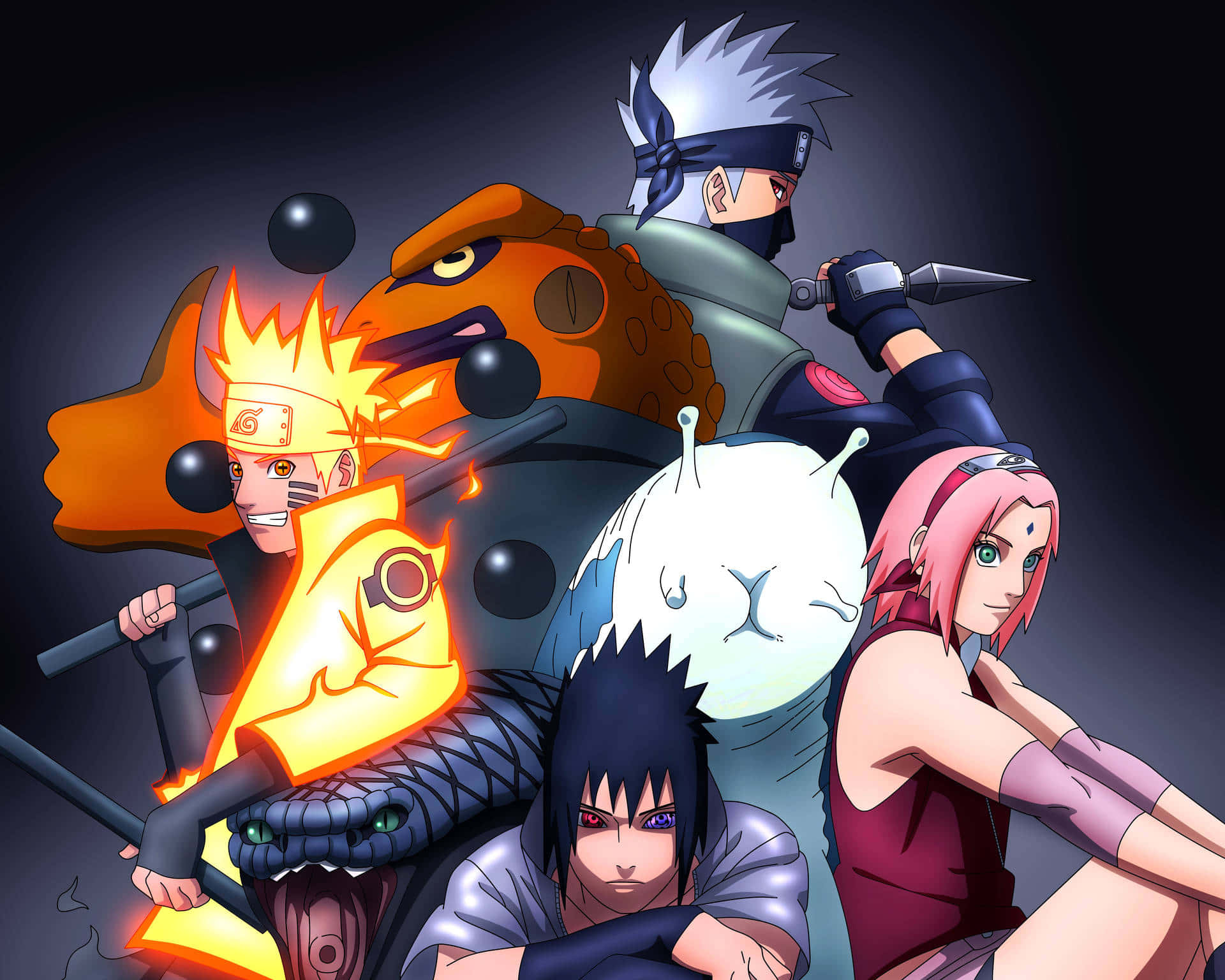 Sasuke (Uchiha), Naruto (Uzumaki) și Sakura (Haruno) din Echipa 7, gata să pornească în următoarea misiune! Fundal