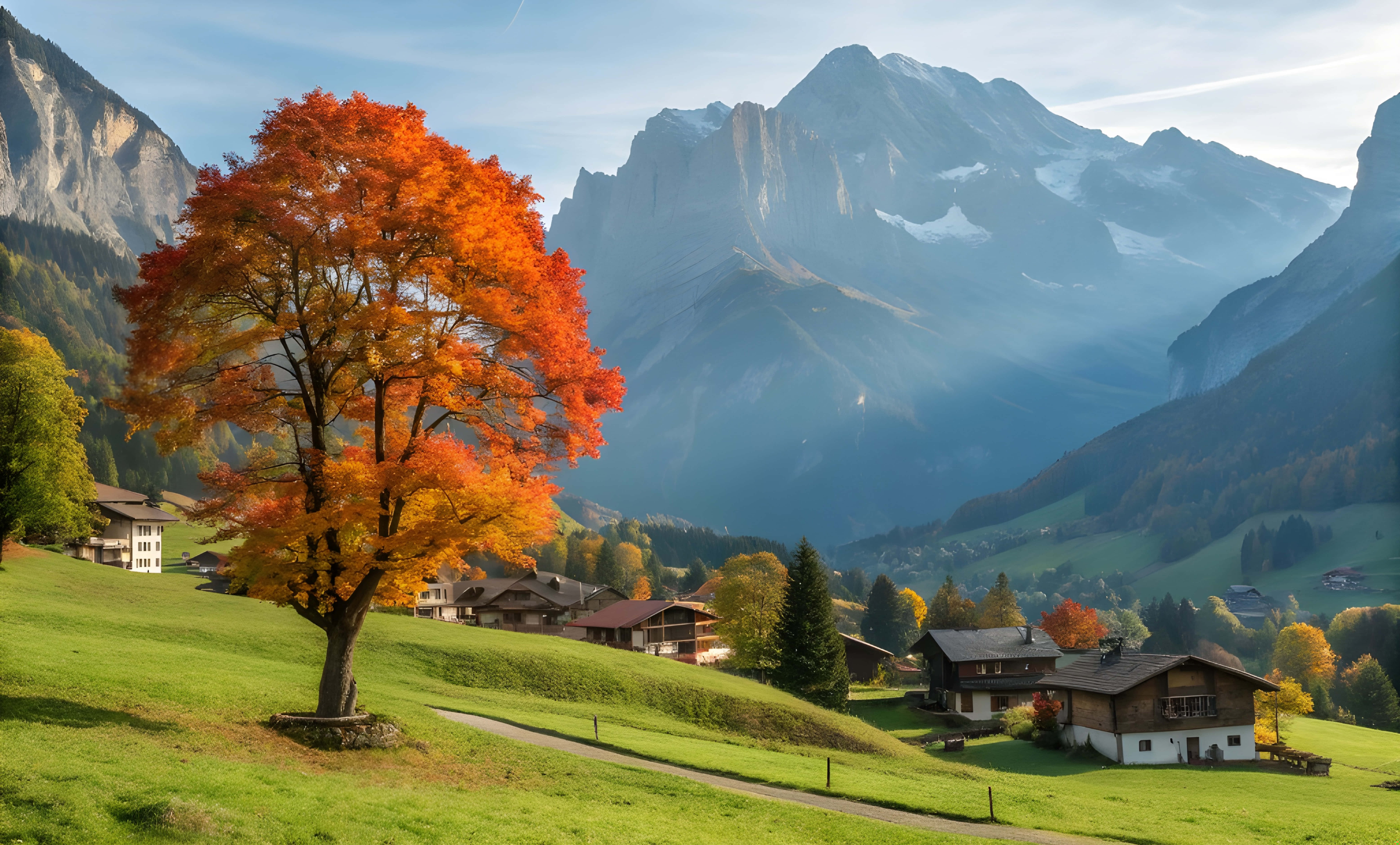 Satul Grindelwald și portocalul cu vedere la muntele albastru Fundal