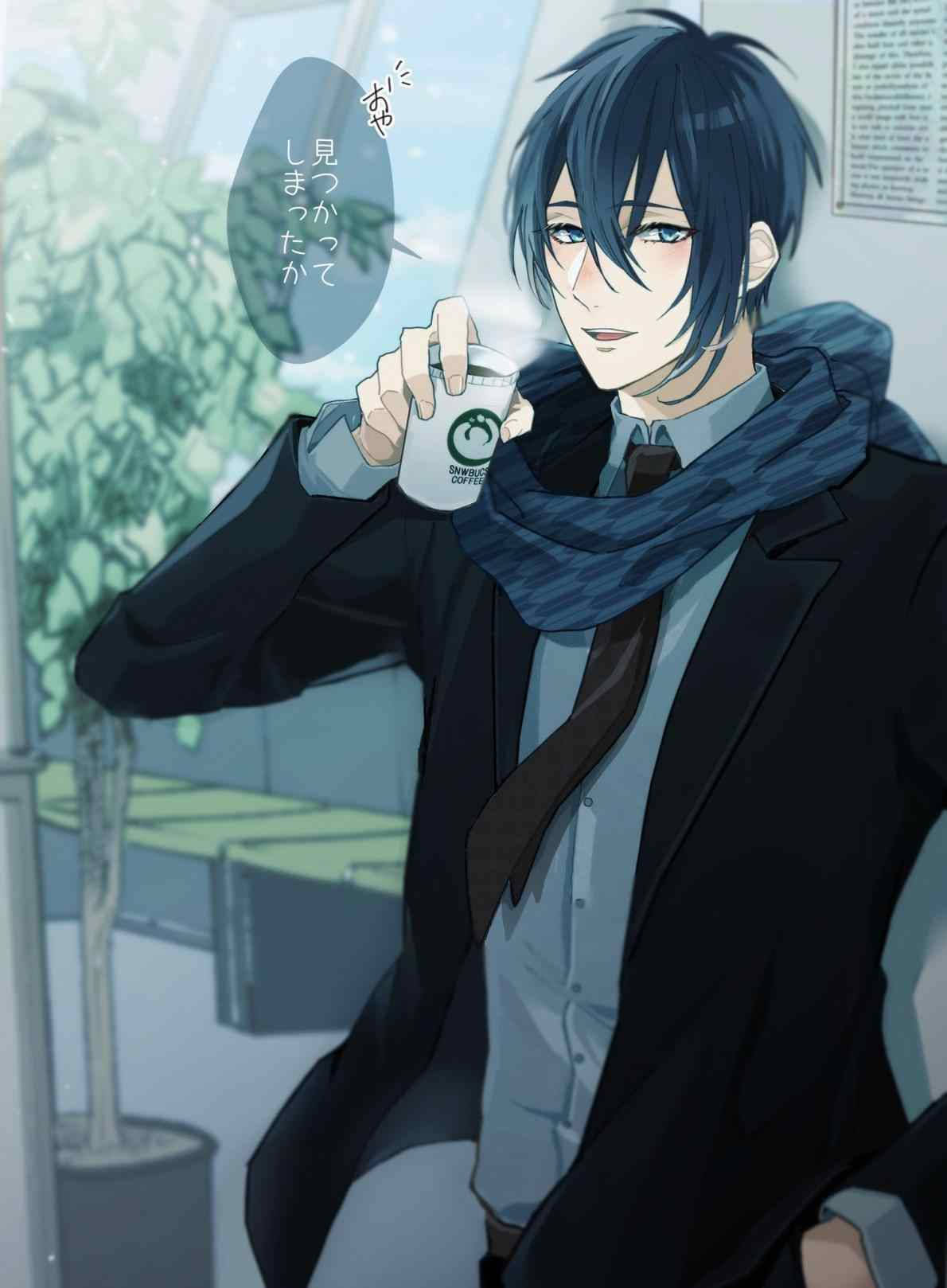 Savurând o ceașcă de cafea, acest băiat anime chipeș este mulțumit. Fundal