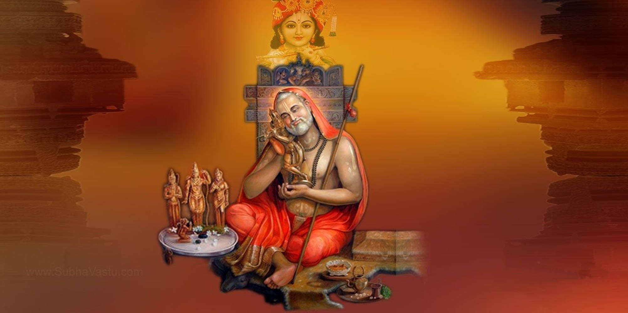 Scenă Divină Senină - Lord Raghavendra Înconjurat de Statui Sacre Indiene. Fundal