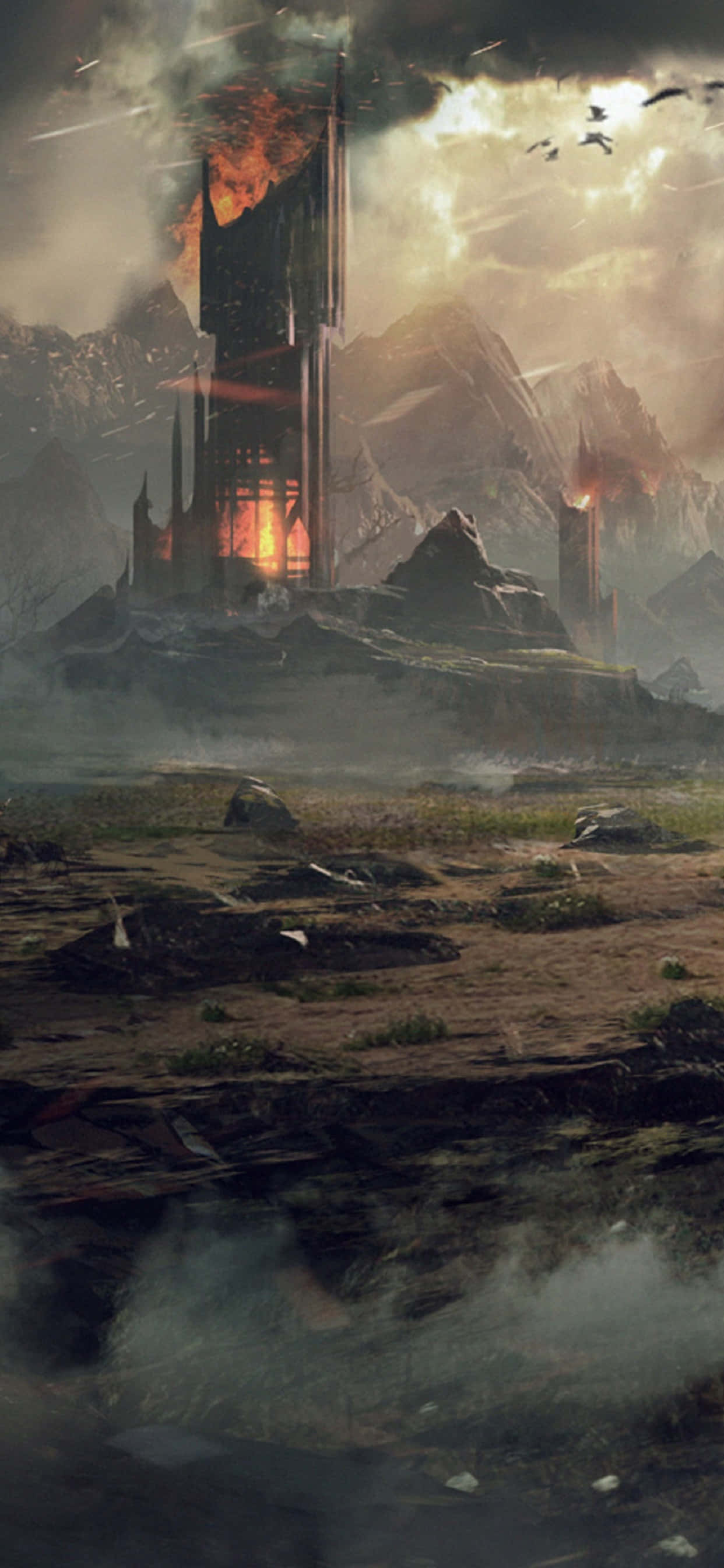 Scenă Epică de Luptă pe iPhone XS Max care înfățișează Shadow of Mordor Background Fundal