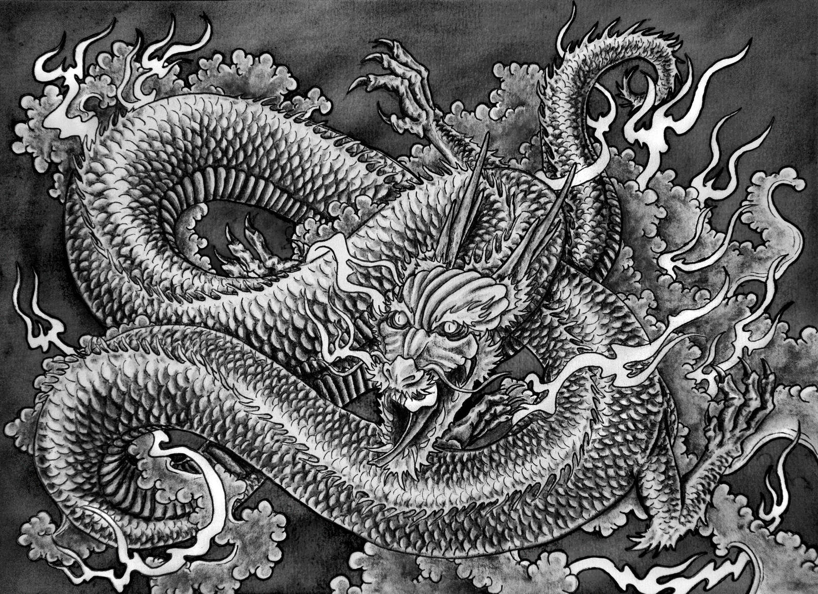 Schita japoneză alb-negru a unui dragon PC Fundal