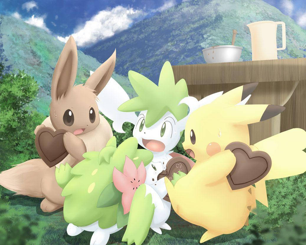 Shaymin se joacă cu Pikachu și Eevee Fundal