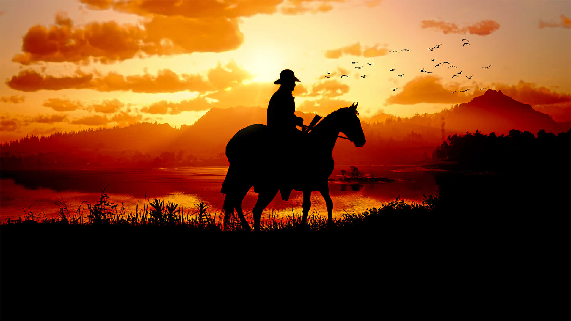 Sheriff călărind un cal la apus 1920x1080 Red Dead Redemption 2 Fundal