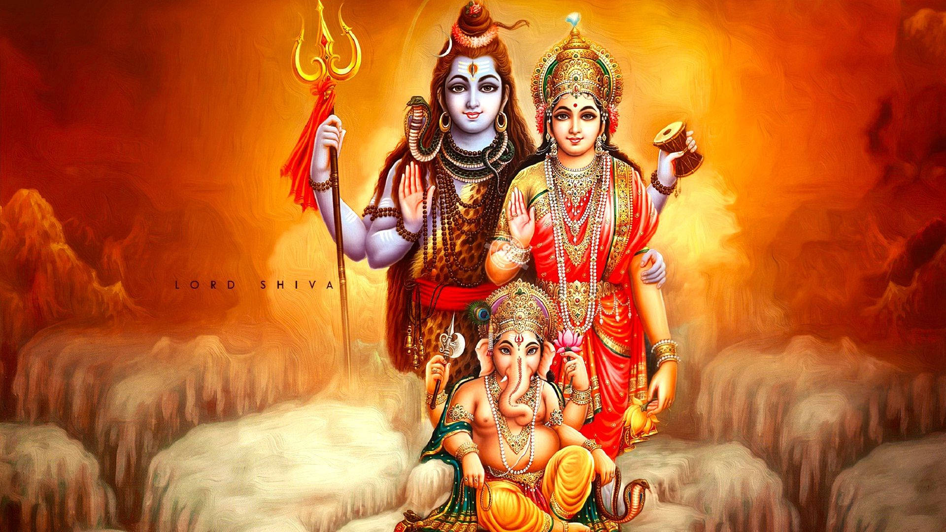 Shiva Parvati Ganesha pe fundal roșu și portocaliu Fundal