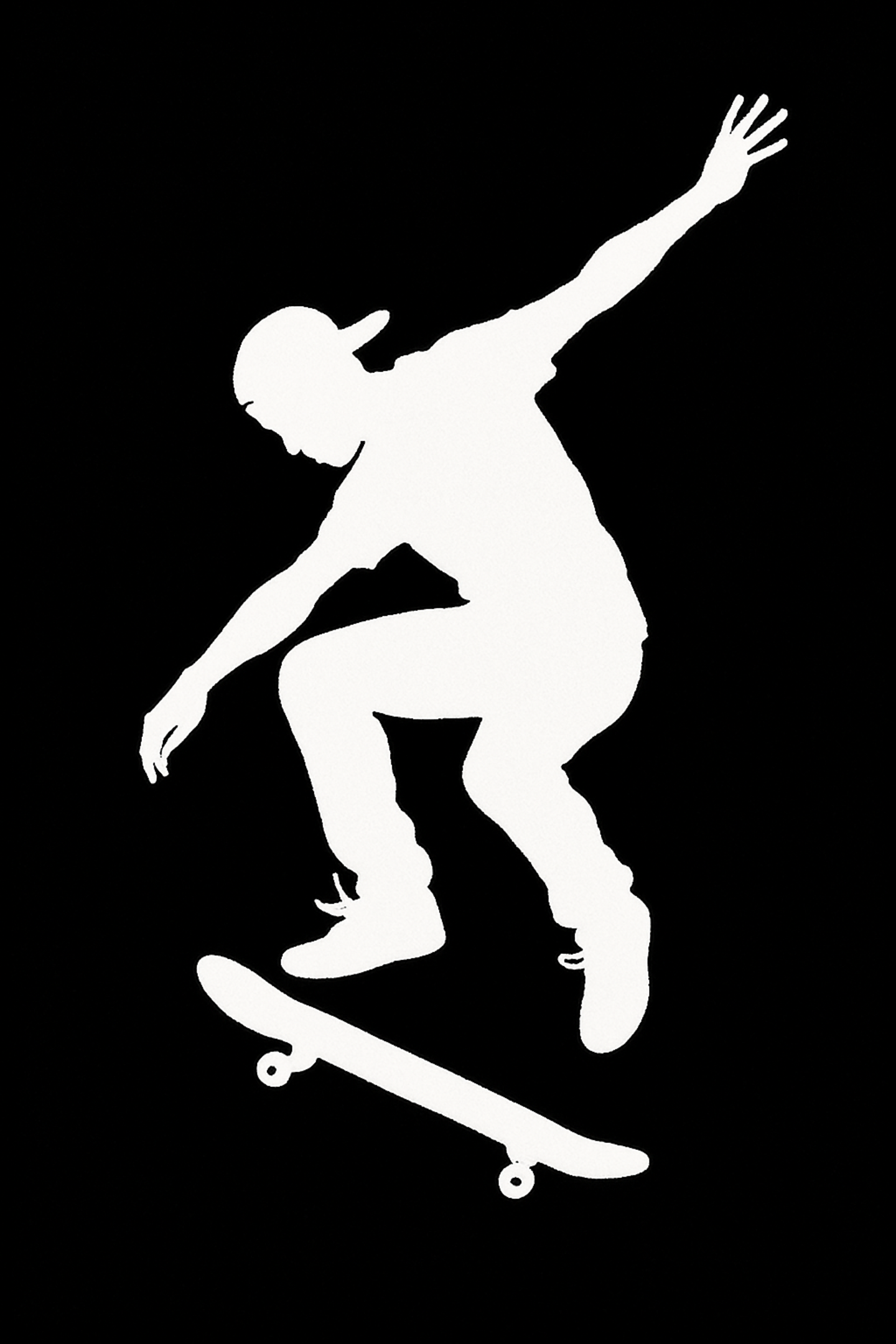 Siluetă albă a unui skateboarder executând trucuri Fundal