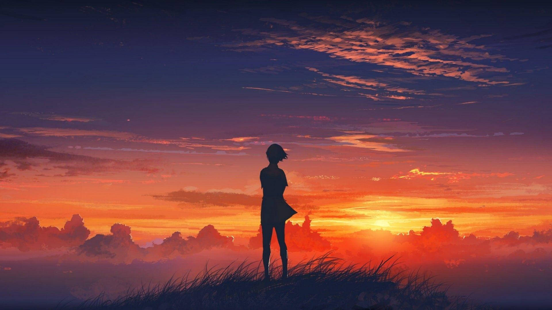 Siluetă Fată Anime Estetic Apus Fundal