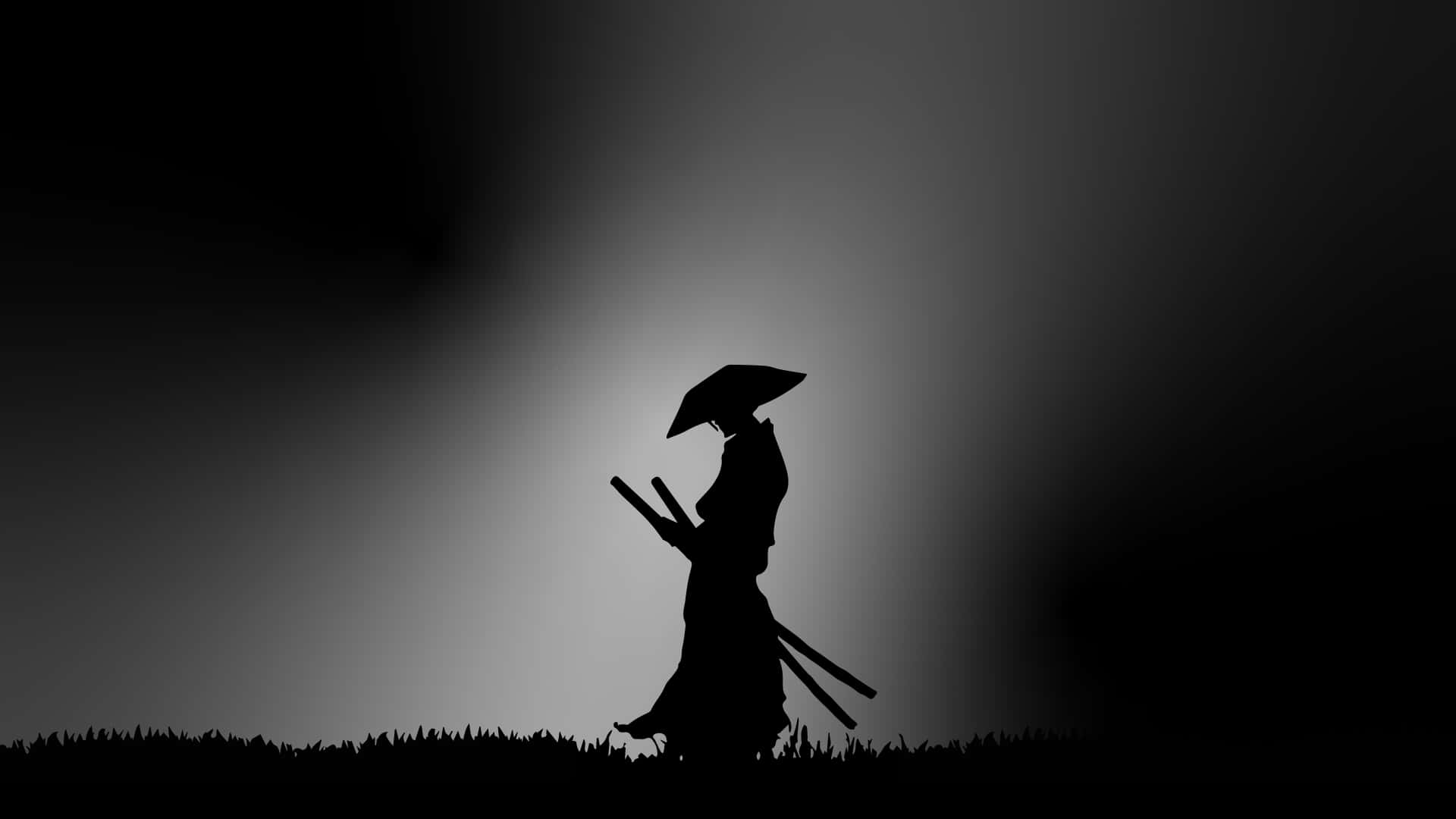 Siluetă întunecată de samurai pe iarbă Fundal