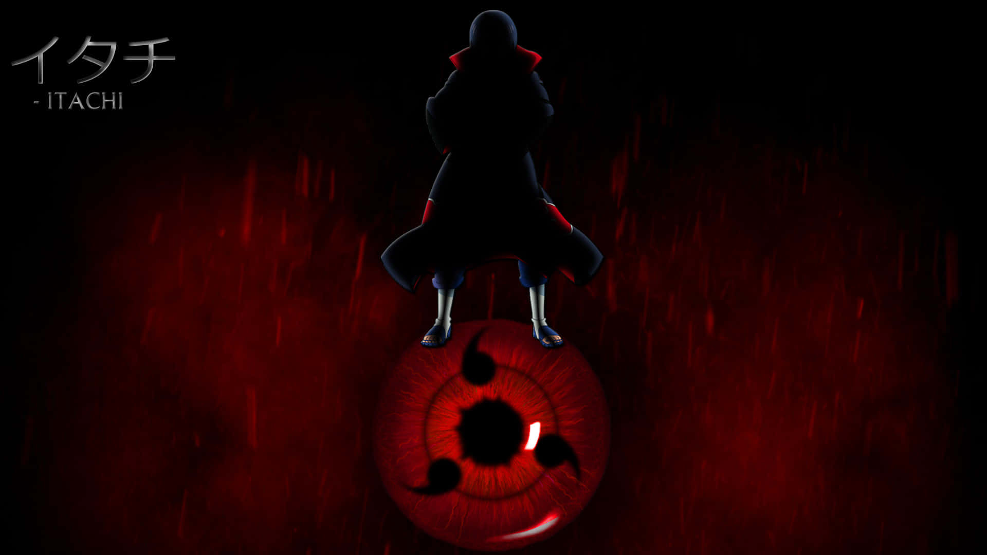 Siluetă Itachi Mangekyou Sharingan în picioare Fundal