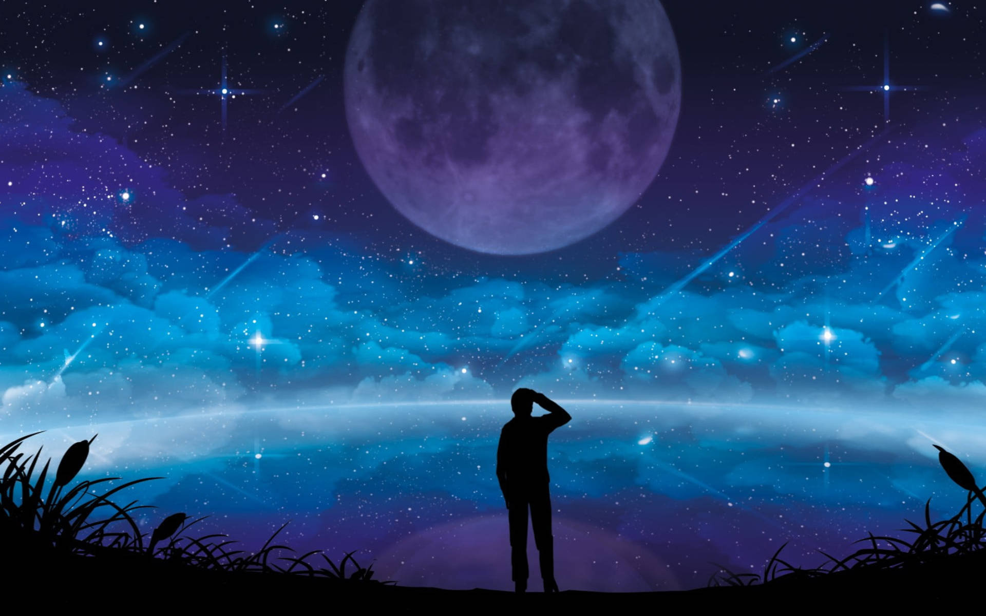Siluetă om și lună galactică Fundal