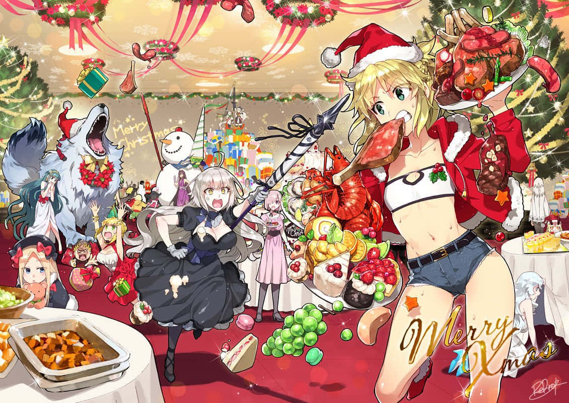 Simțiți bucuria și căldura sezonului festiv cu această scenă anime de Crăciun. Fundal