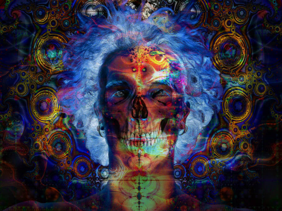 Skeleton Trippy Întunecat Înconjurat de Inele Fundal