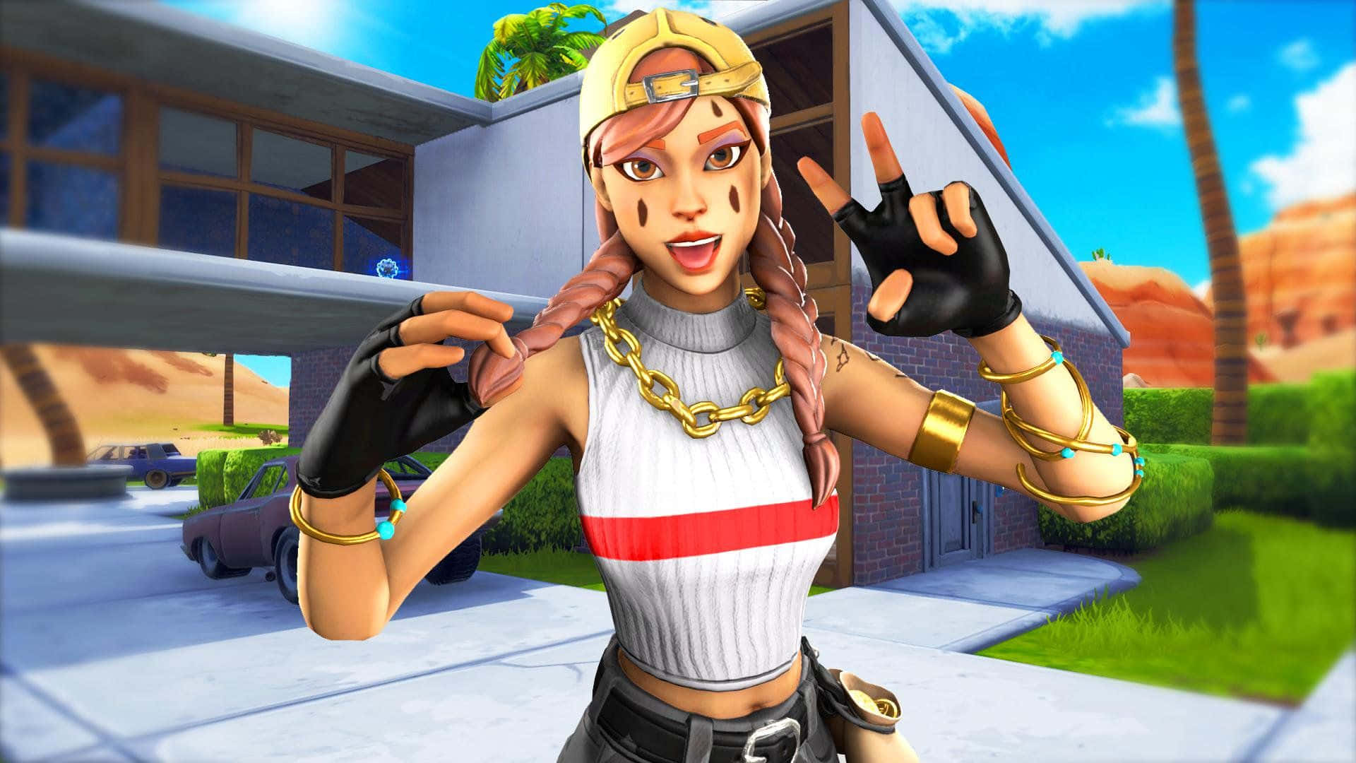 Skin Aura din Fortnite într-o ipostază cool Fundal
