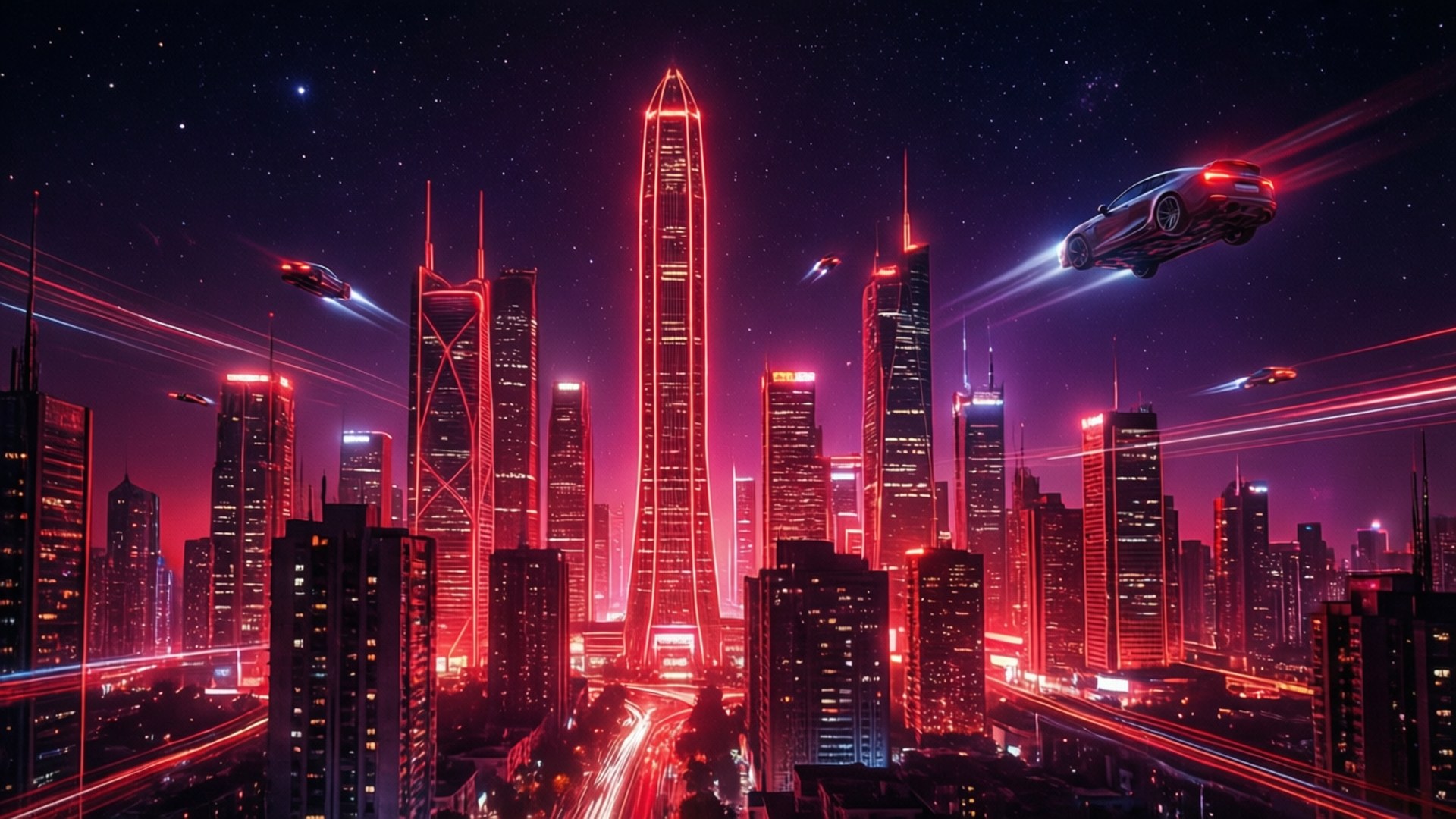 Skyline Cyberpunk Roșu Neon Fundal