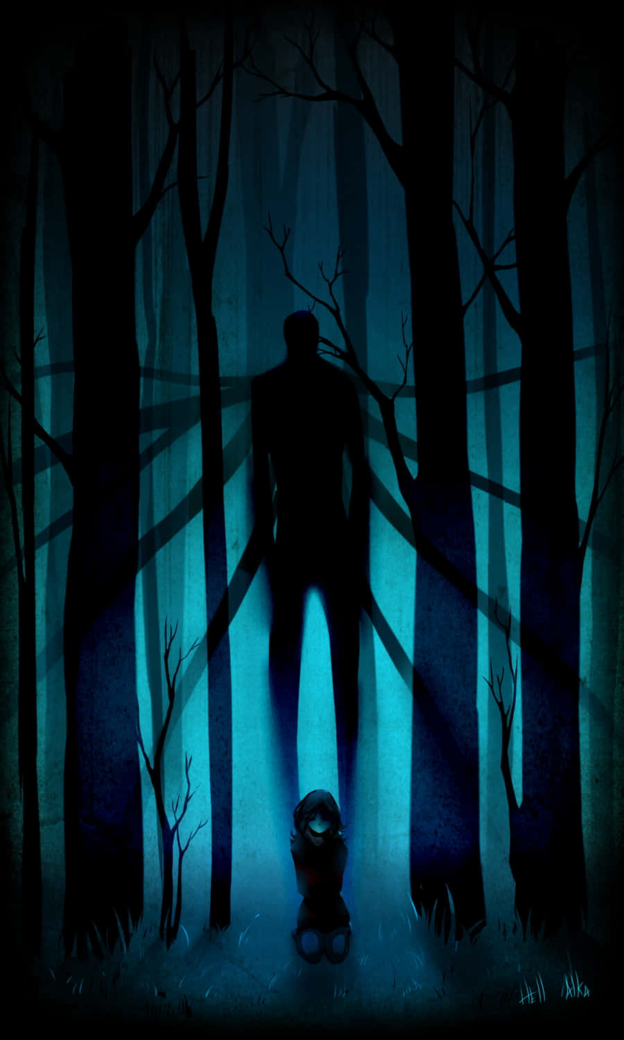 Slender Man într-o pădure albastră întunecată Fundal