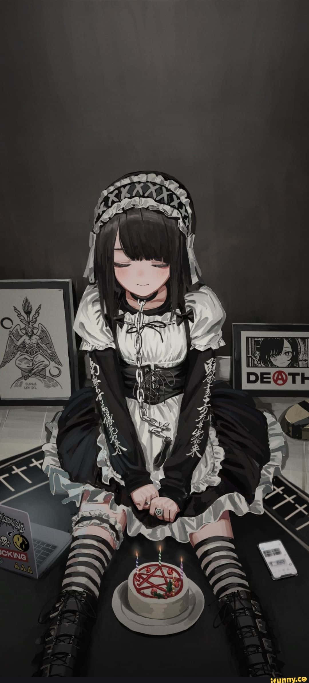 Goth Anime Maid In Front Of Pentagram Cake Fundal