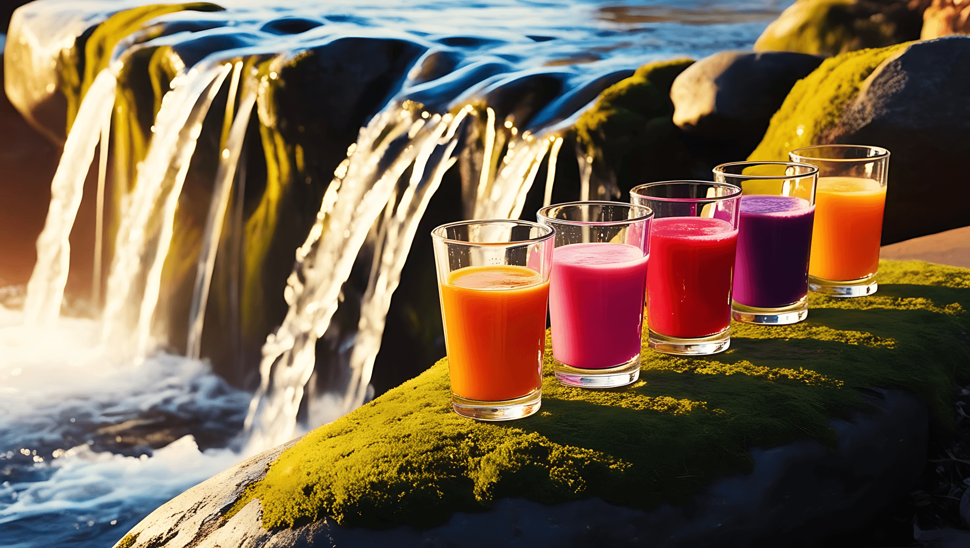smoothie, cascadă, tropical, băuturi, colorat, răcoritor, fructe, natură, exterior, vibrant, vară, băutură, pahar, pârâu, rece
