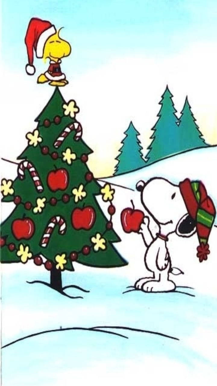 Snoopy Brad de Craciun cu Mere Fundal