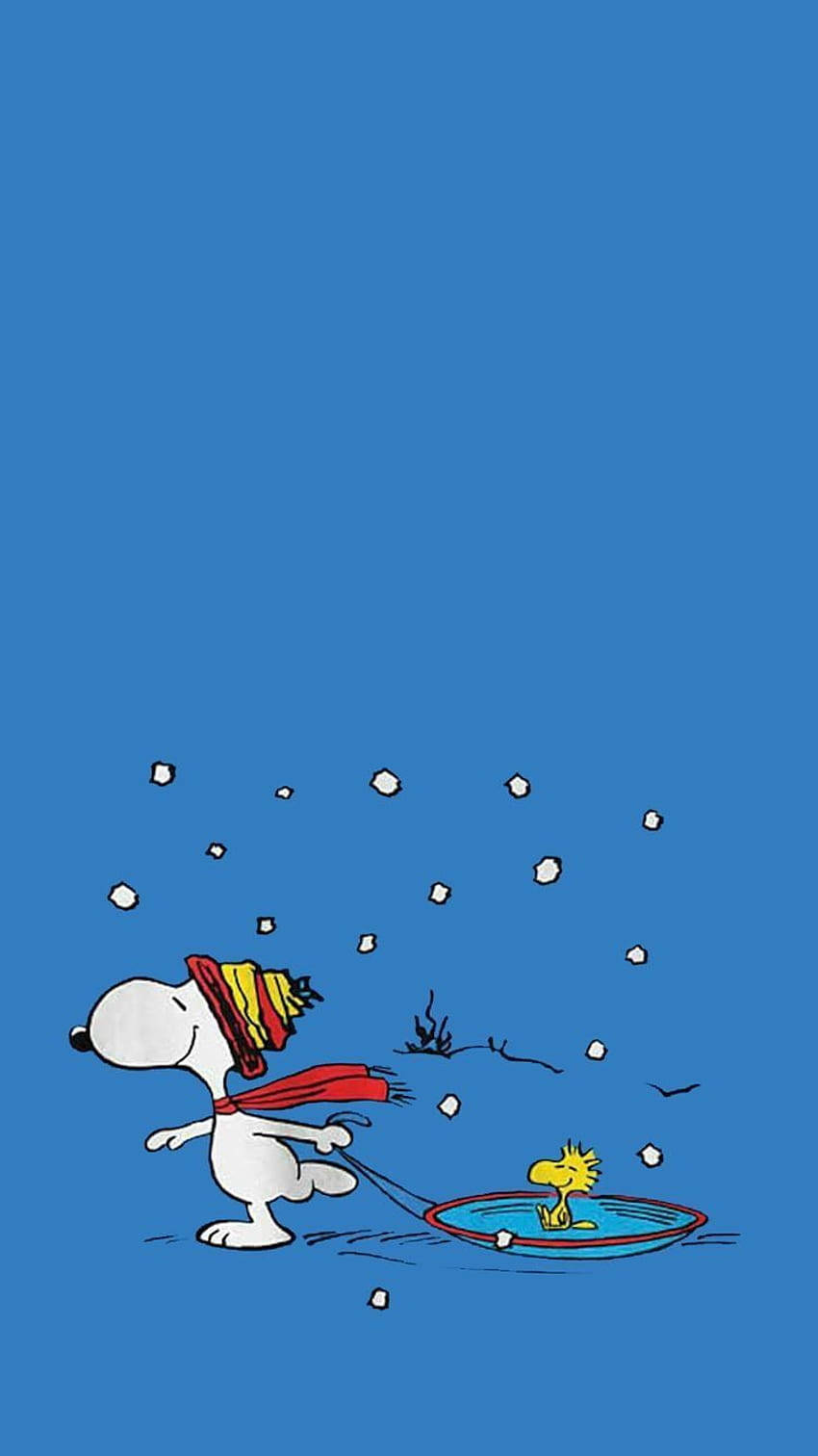 Snoopy îl trage pe Woodstock de Crăciun pentru iPhone Fundal