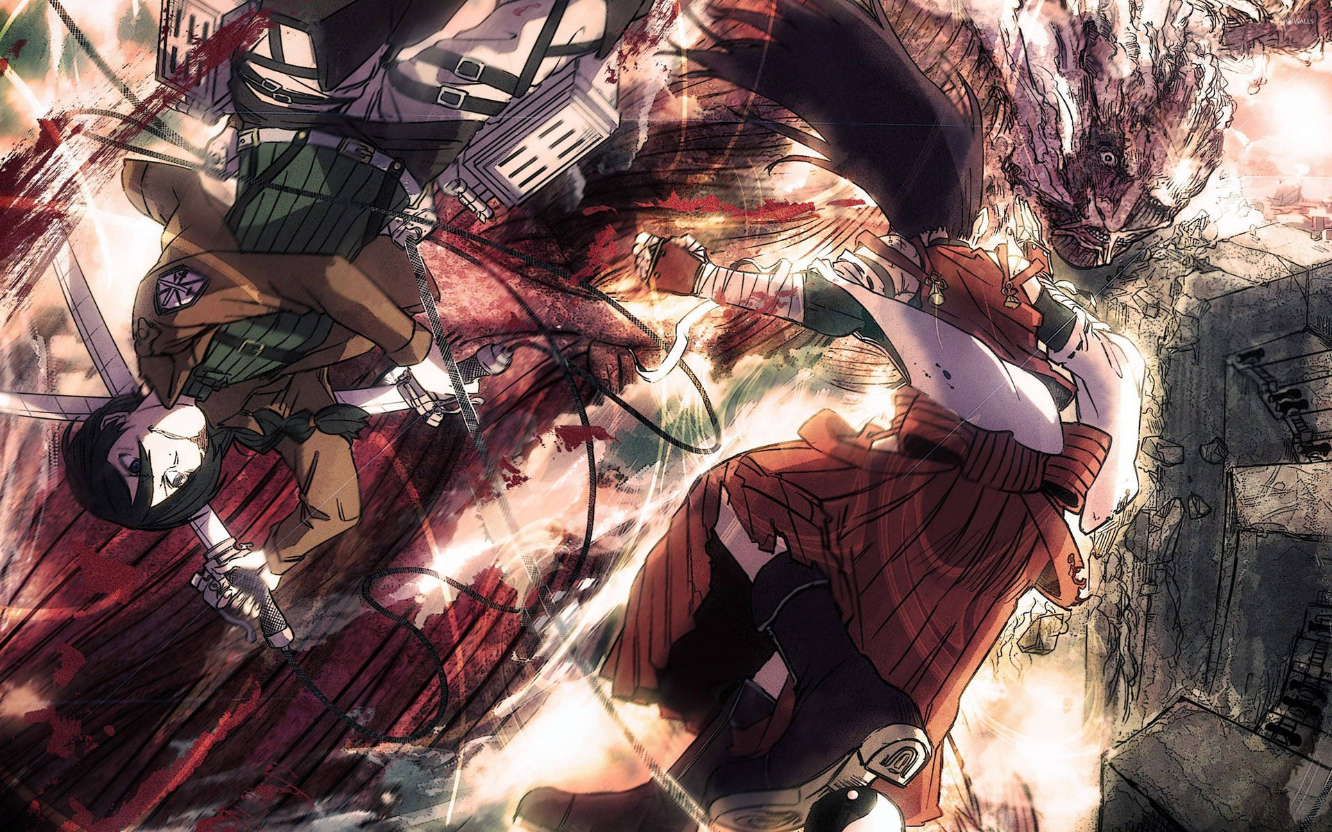 Mikasa Ackerman luptând împotriva Titanului Colosal care emană abur, fundal fan art Attack On Titan. — Attack On Titan Fundal