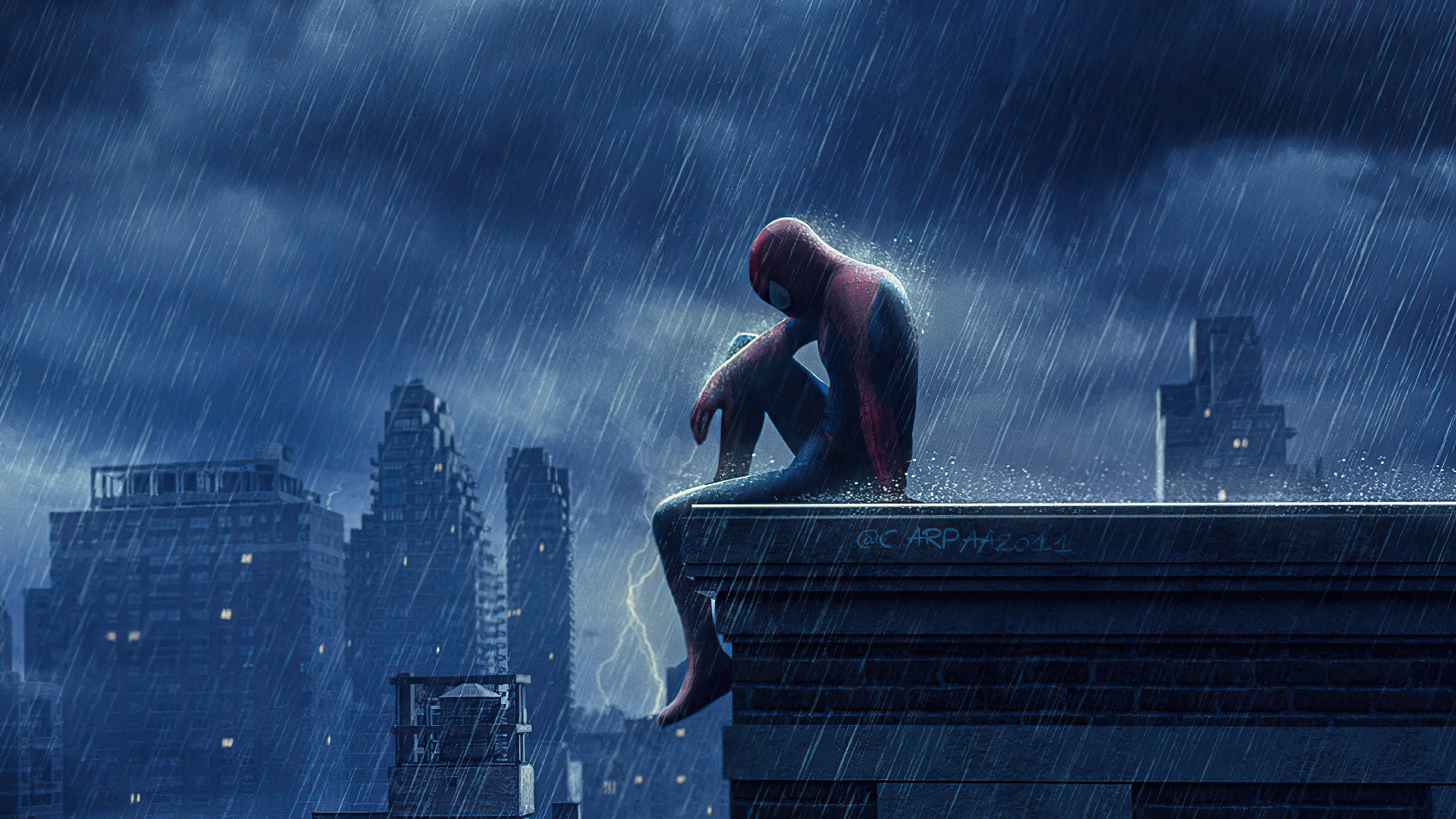 Spider-Man pe acoperiș trist 4K Fundal