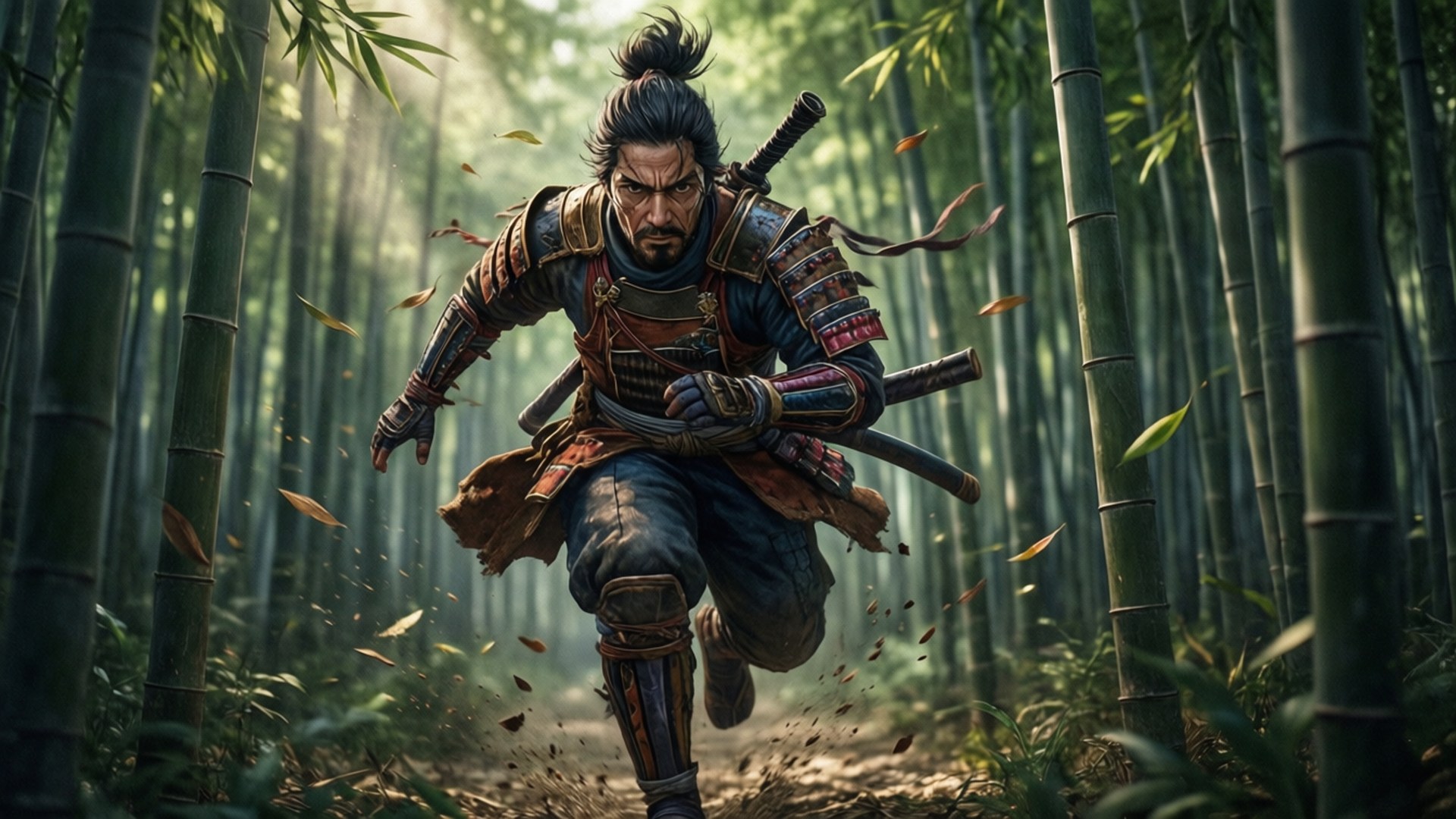 Sekiro aleargă printr-o pădure de bambus cu o mișcare intensă imagine de fundal