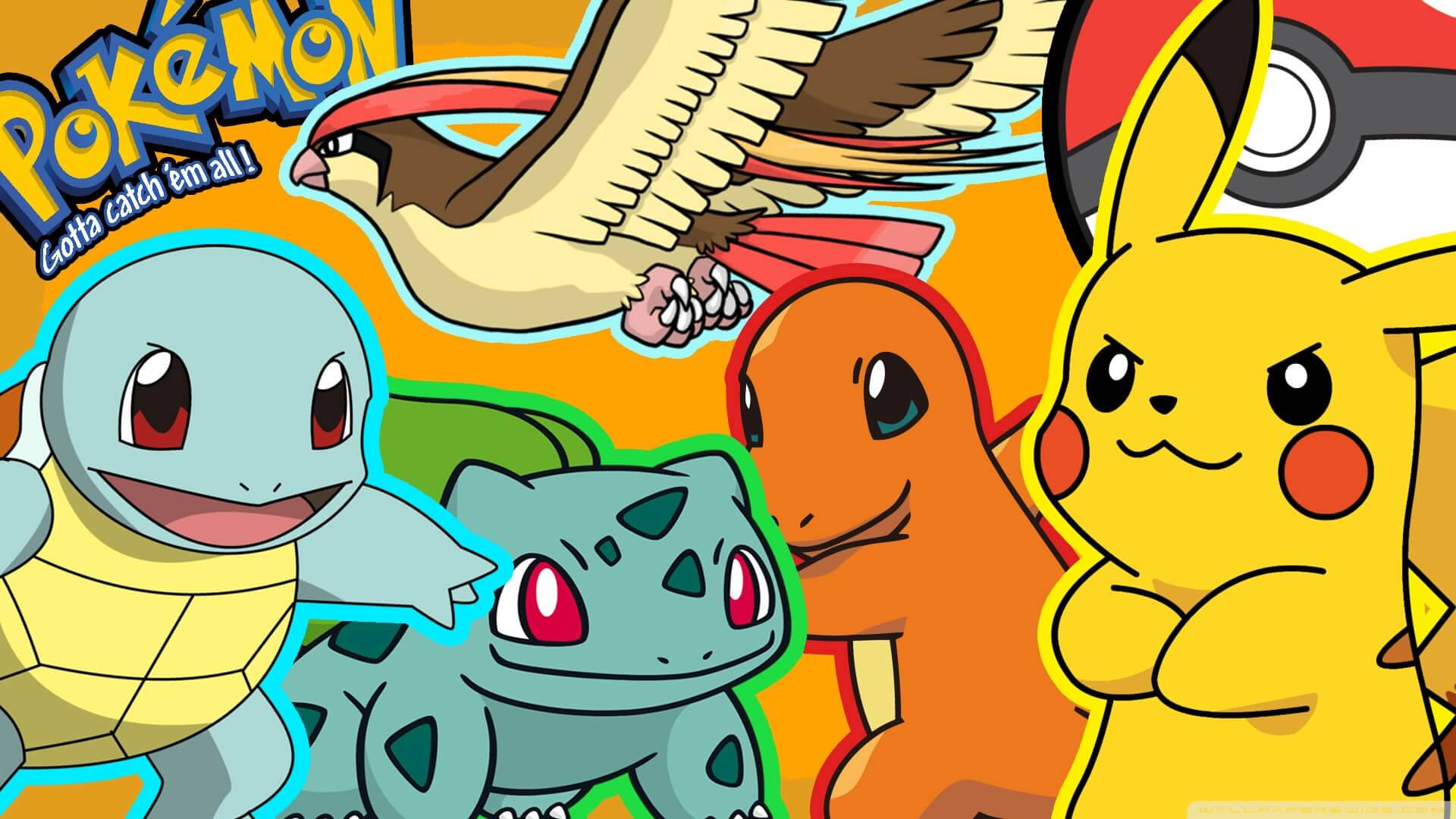 Squirtle, Bulbasaur, Charmander, Pikachu în Pokemon Fundal