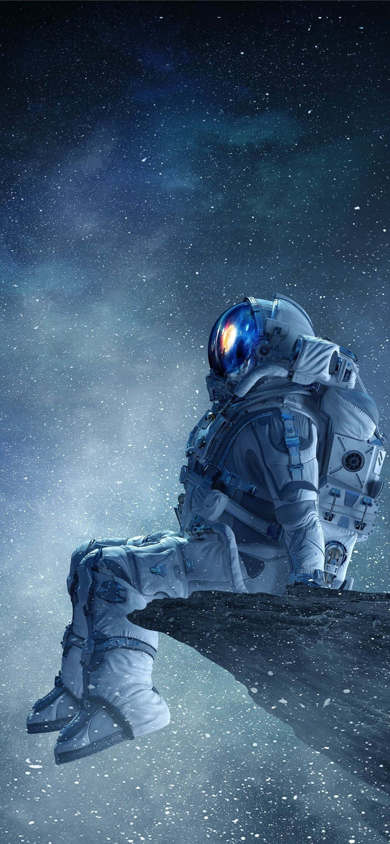 Stâncă în spațiul cosmic cu astronaut iPhone Fundal