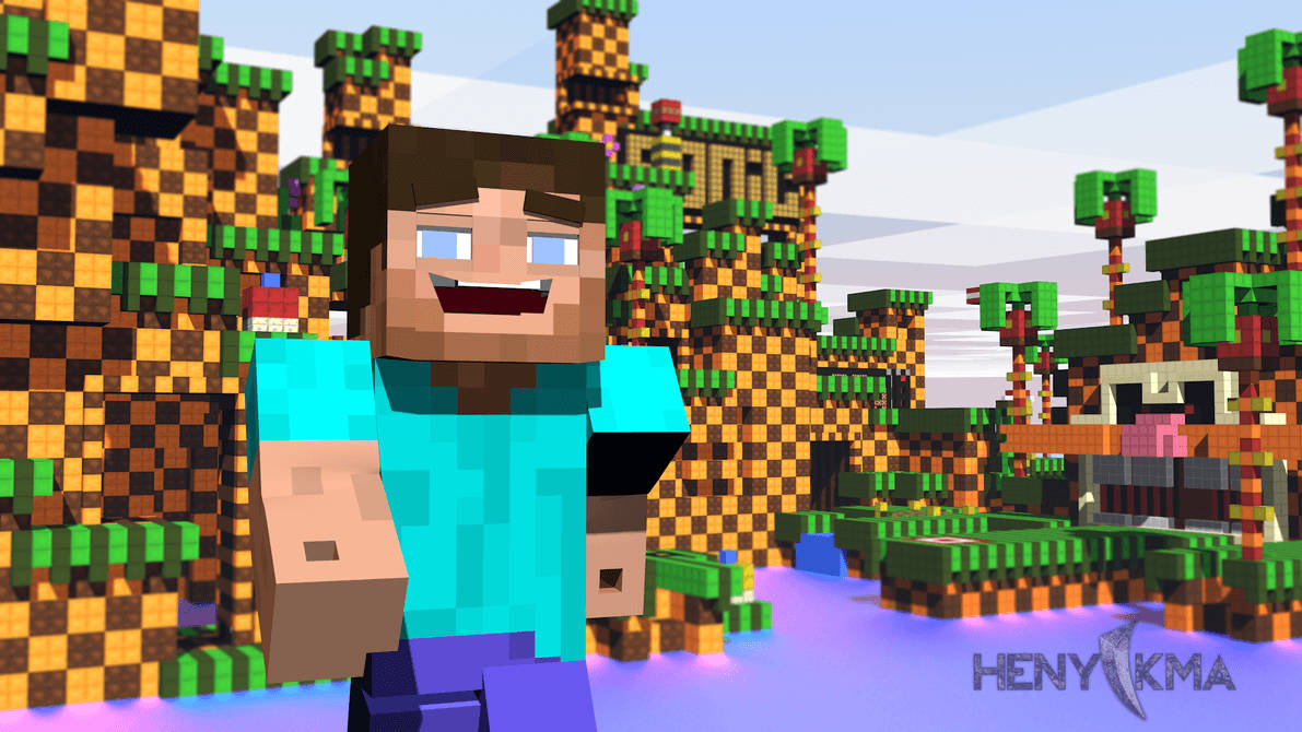 „Steve care râde se bucură de soare într-o lume a blocurilor Minecraft” Fundal