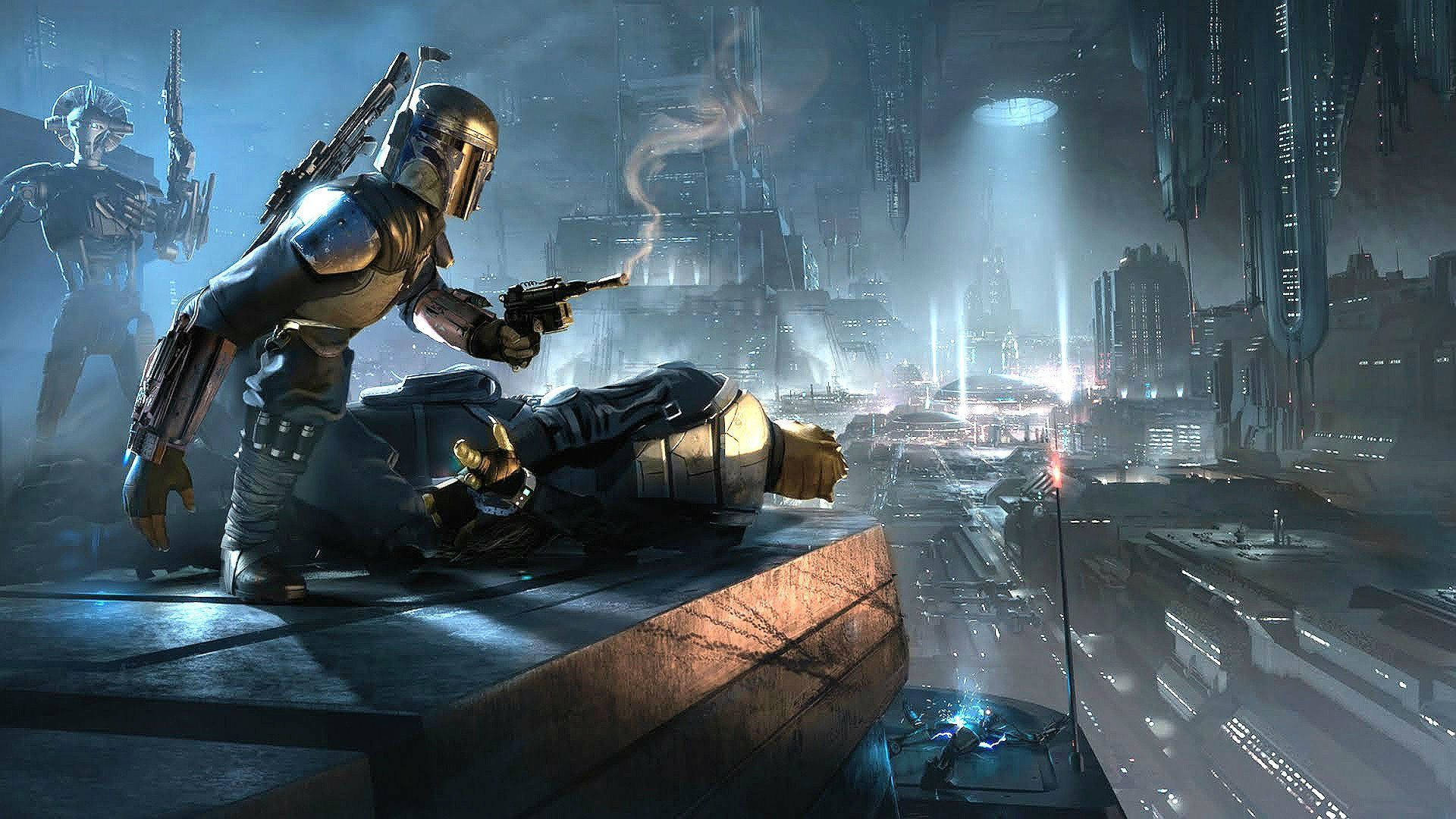 Fundal Războiul Stelelor cu Stormtrooper într-o luptă pe o planetă oraș modernă futuristă. — Star Wars Fundal