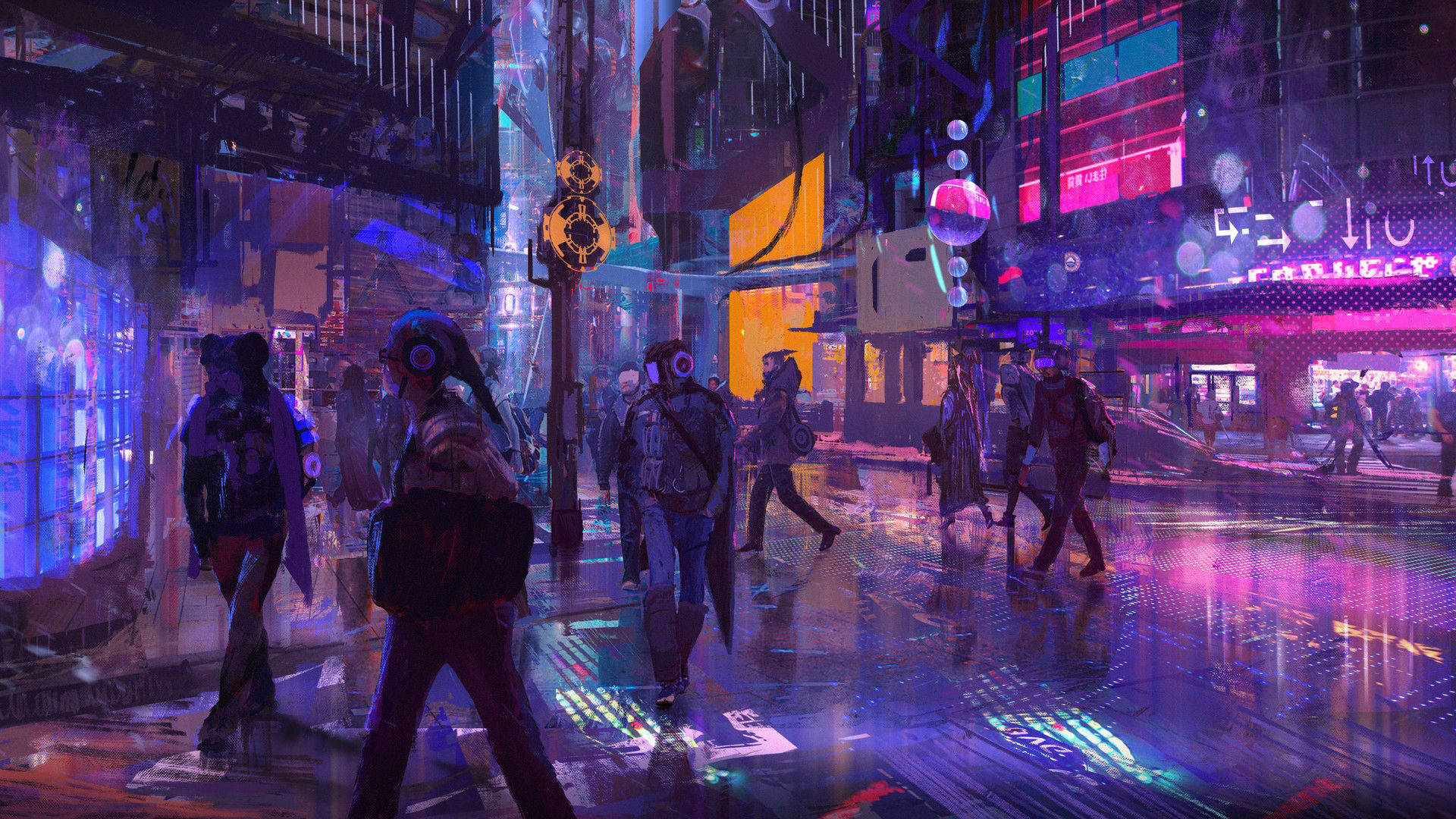 Stradă Cyberpunk cu Estetică Neon Mov Fundal
