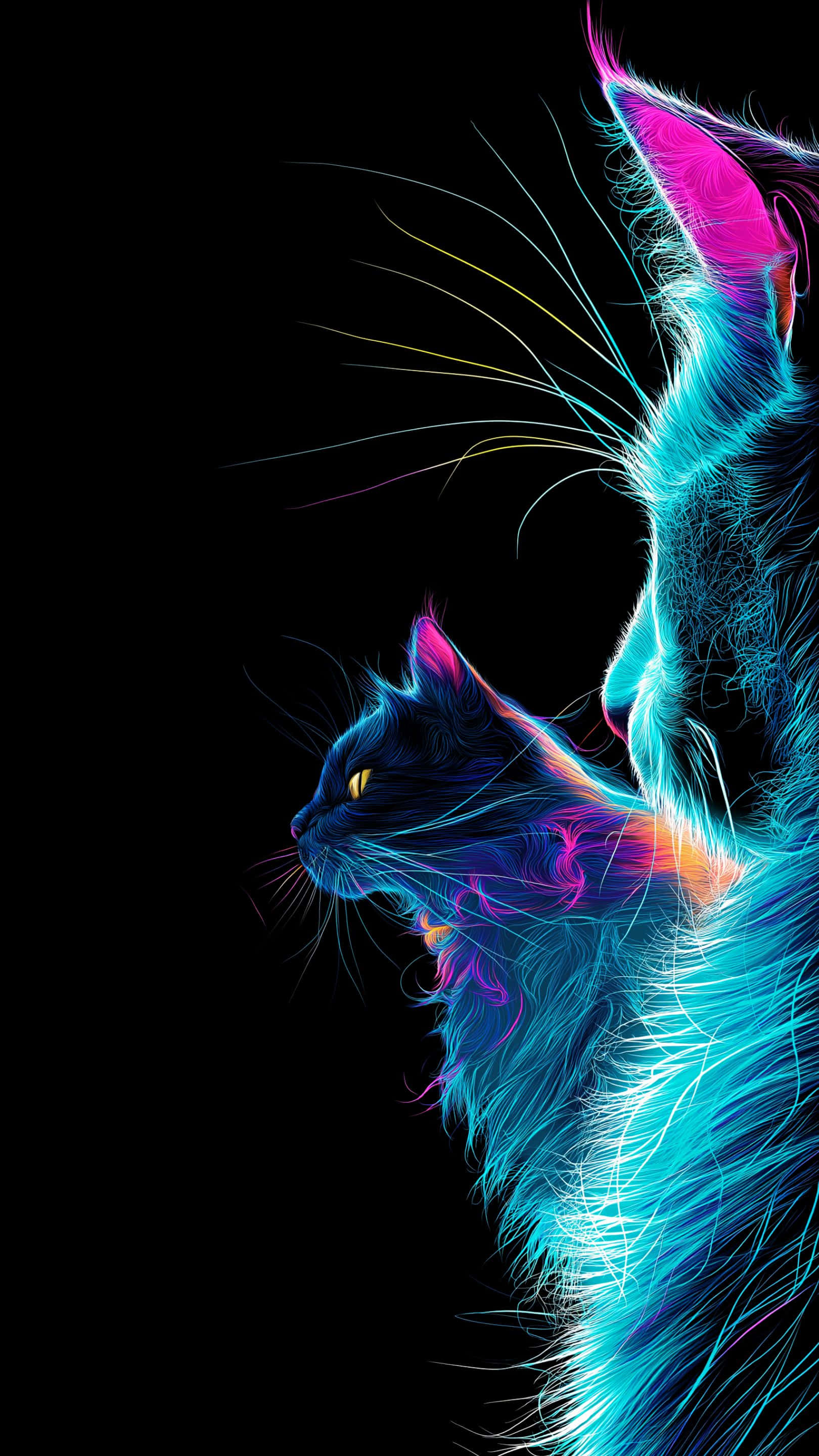 Strălucire neon vibrantă a felinelor pe un fundal întunecat, prezentând o pereche de pisici misterioase Fundal
