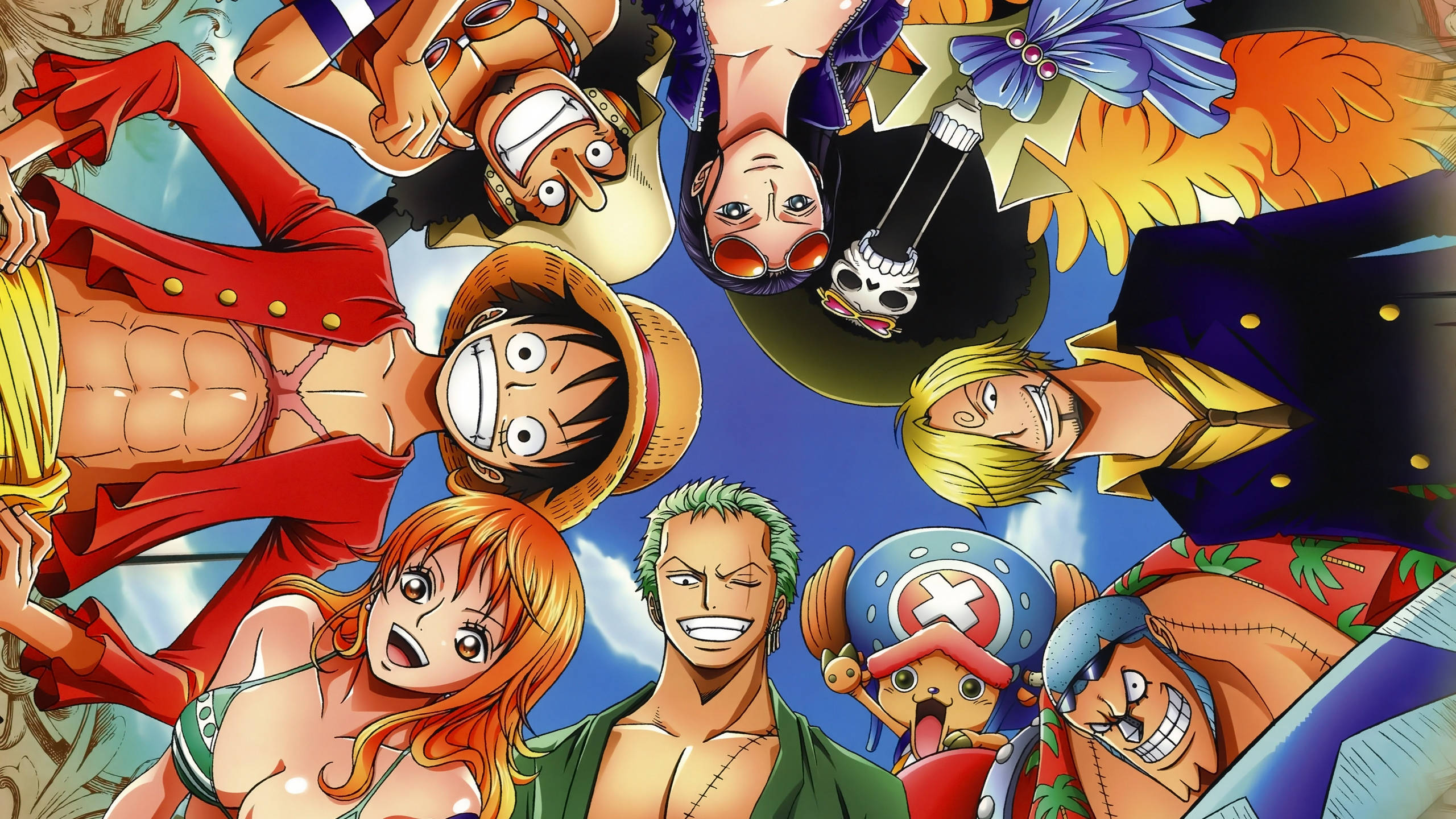 Straw Hat Pirates în cerc pe fundal de desktop One Piece Fundal
