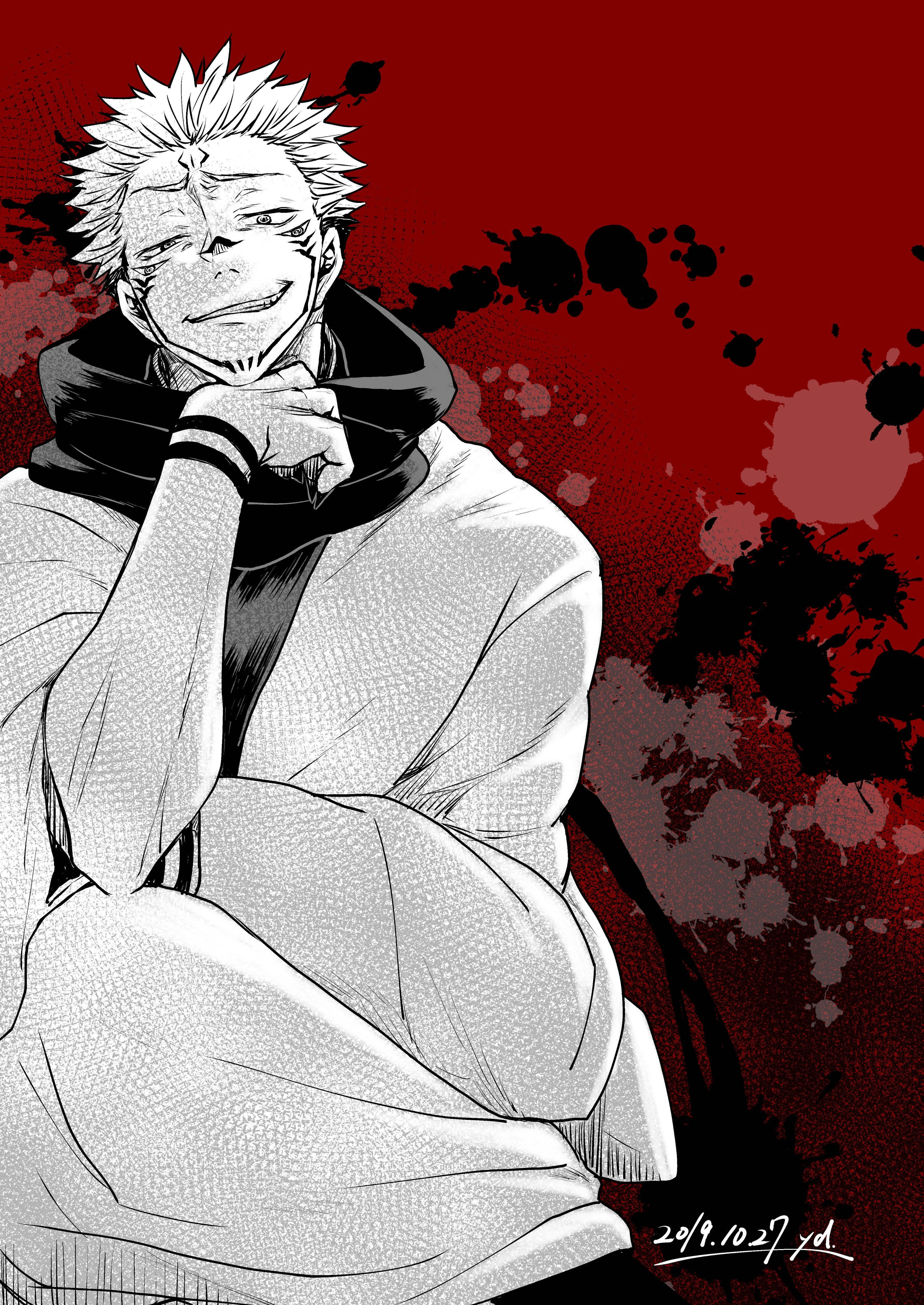 Sukuna zâmbitor din Jujutsu Kaisen Fundal