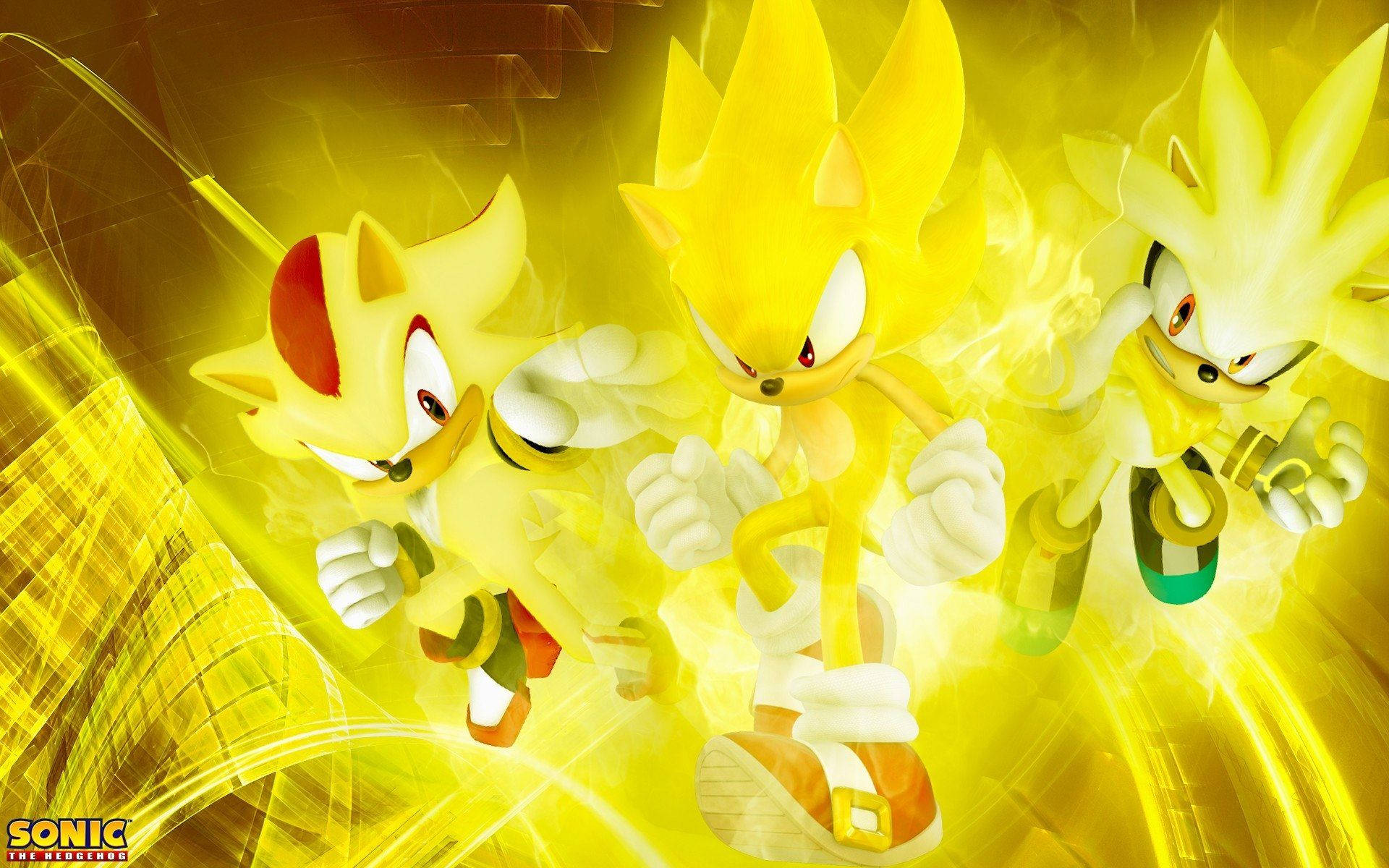 Tapet cu trei figuri ale lui Super Sonic care strălucesc puternic. — Sonic Fundal