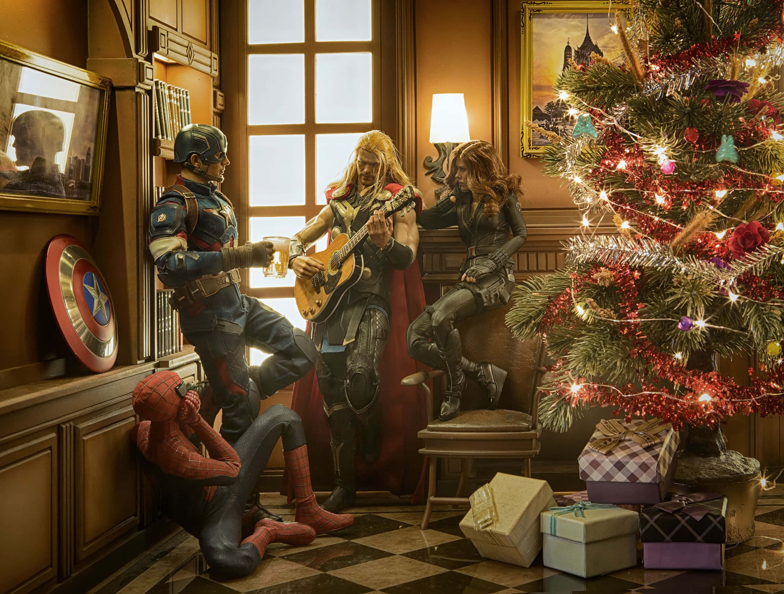 Supereroi Marvel la Pomul de Crăciun Fundal