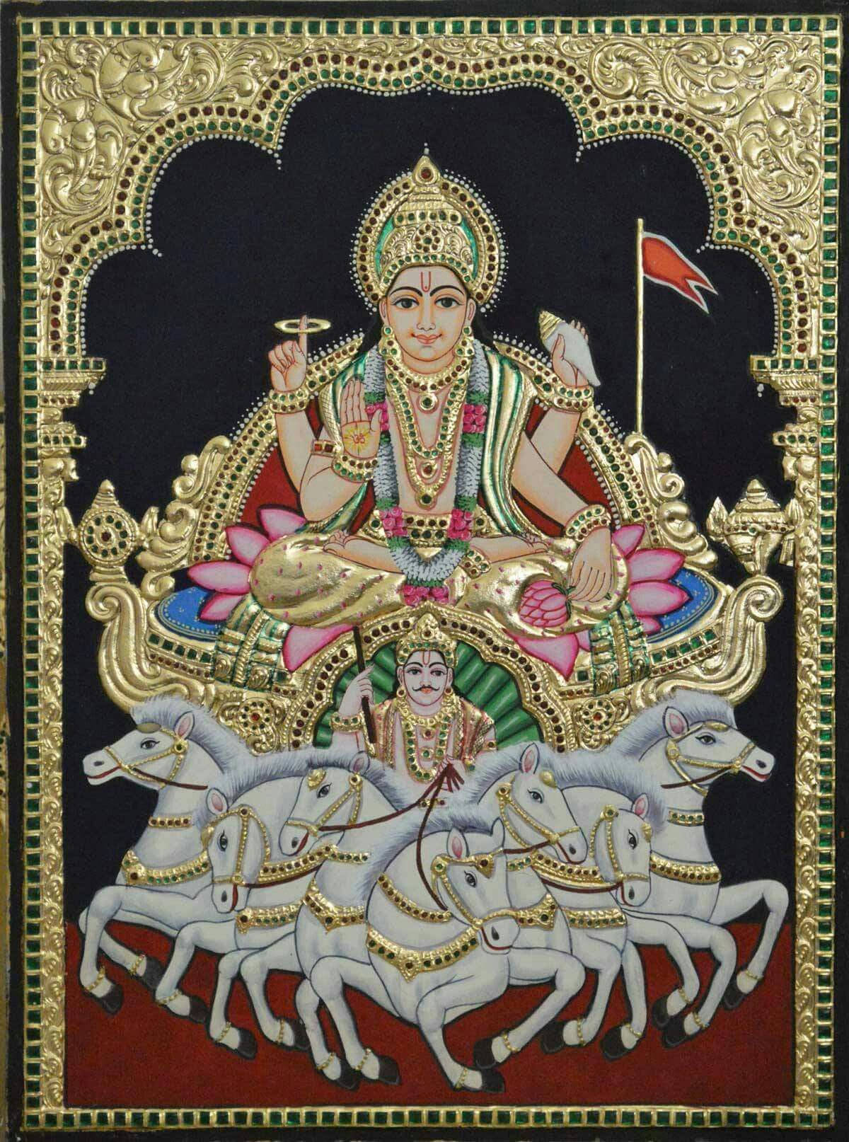 Surya Bhagwan cu ramă ornamentată Fundal